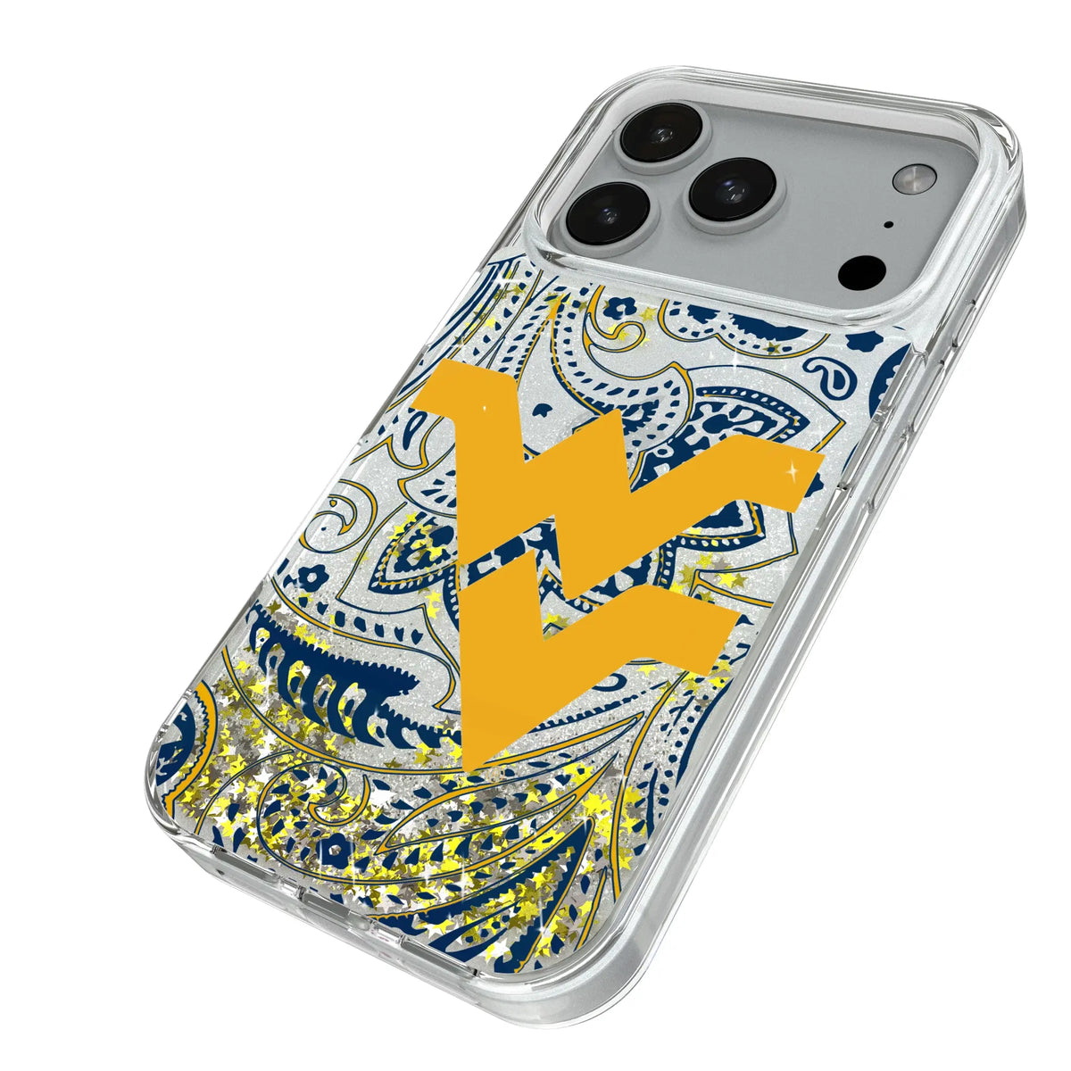 West Virginia University Mountaineers Paisley iPhone Glitter Phone Case for Apple iPhone - Isometric View#Device_iPhone 18 Pro