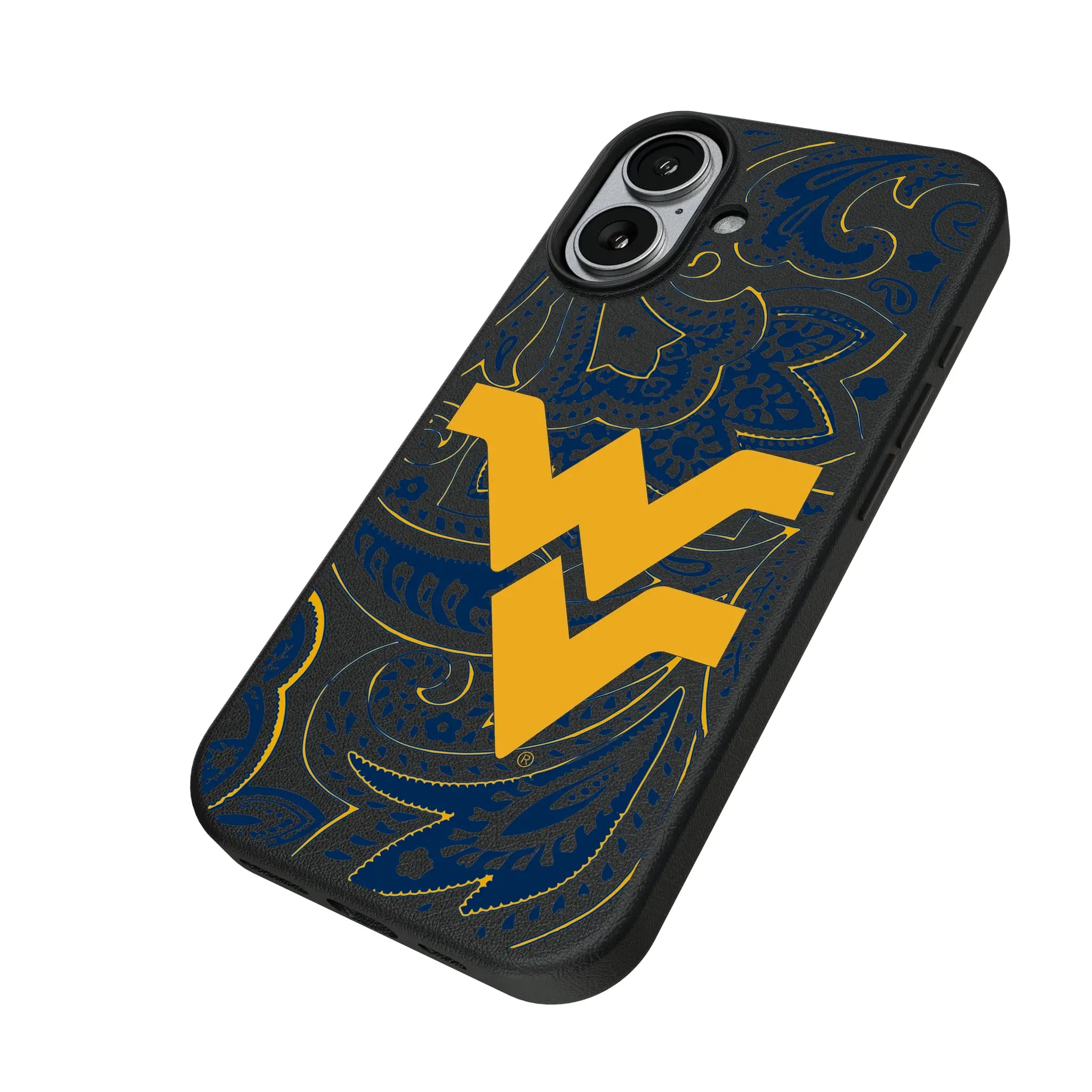 West Virginia University Mountaineers Paisley iPhone MagSafe Compatible Phone Case for Apple iPhone - Isometric View#Device_iPhone 17