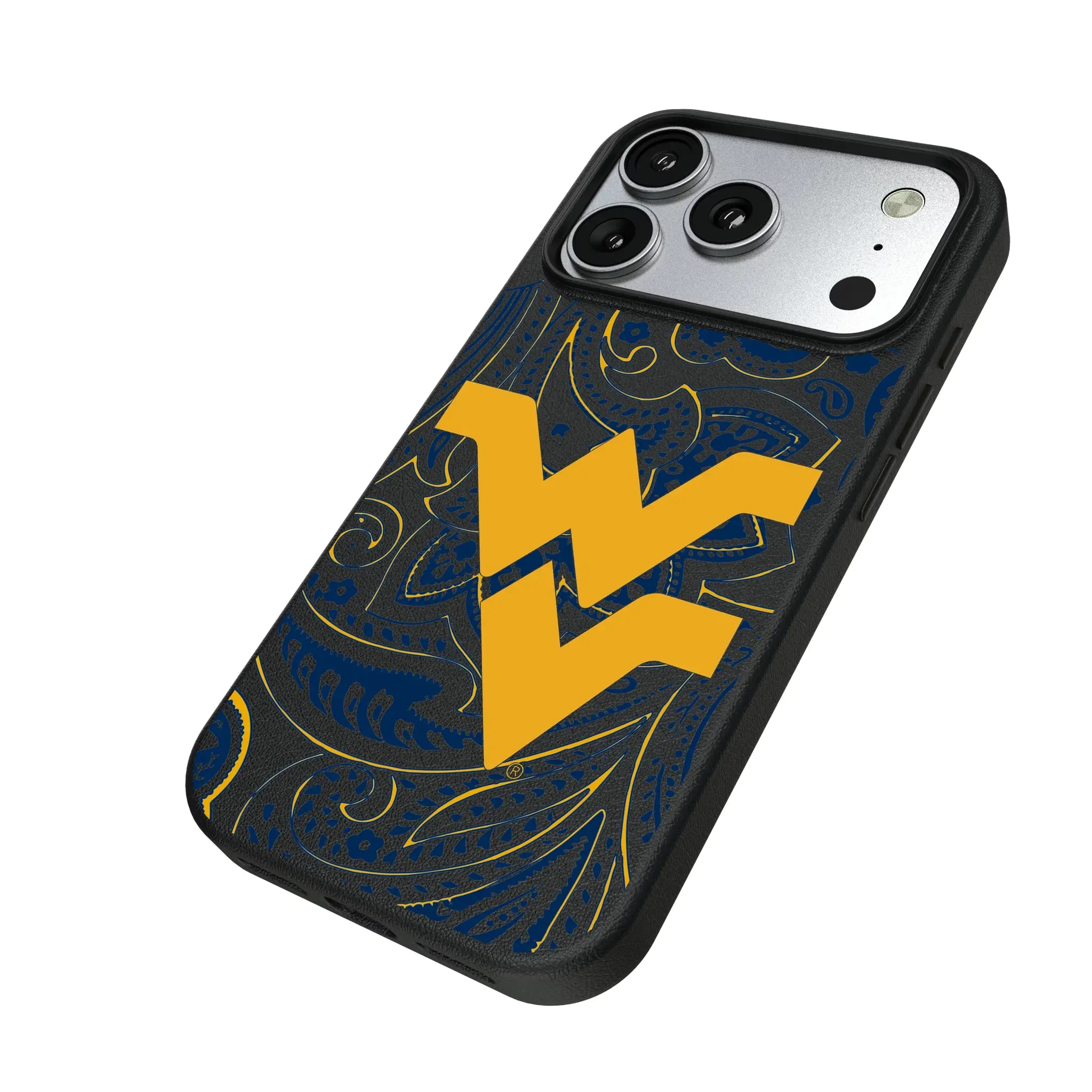 West Virginia University Mountaineers Paisley iPhone MagSafe Compatible Phone Case for Apple iPhone - Isometric View#Device_iPhone 17 Pro
