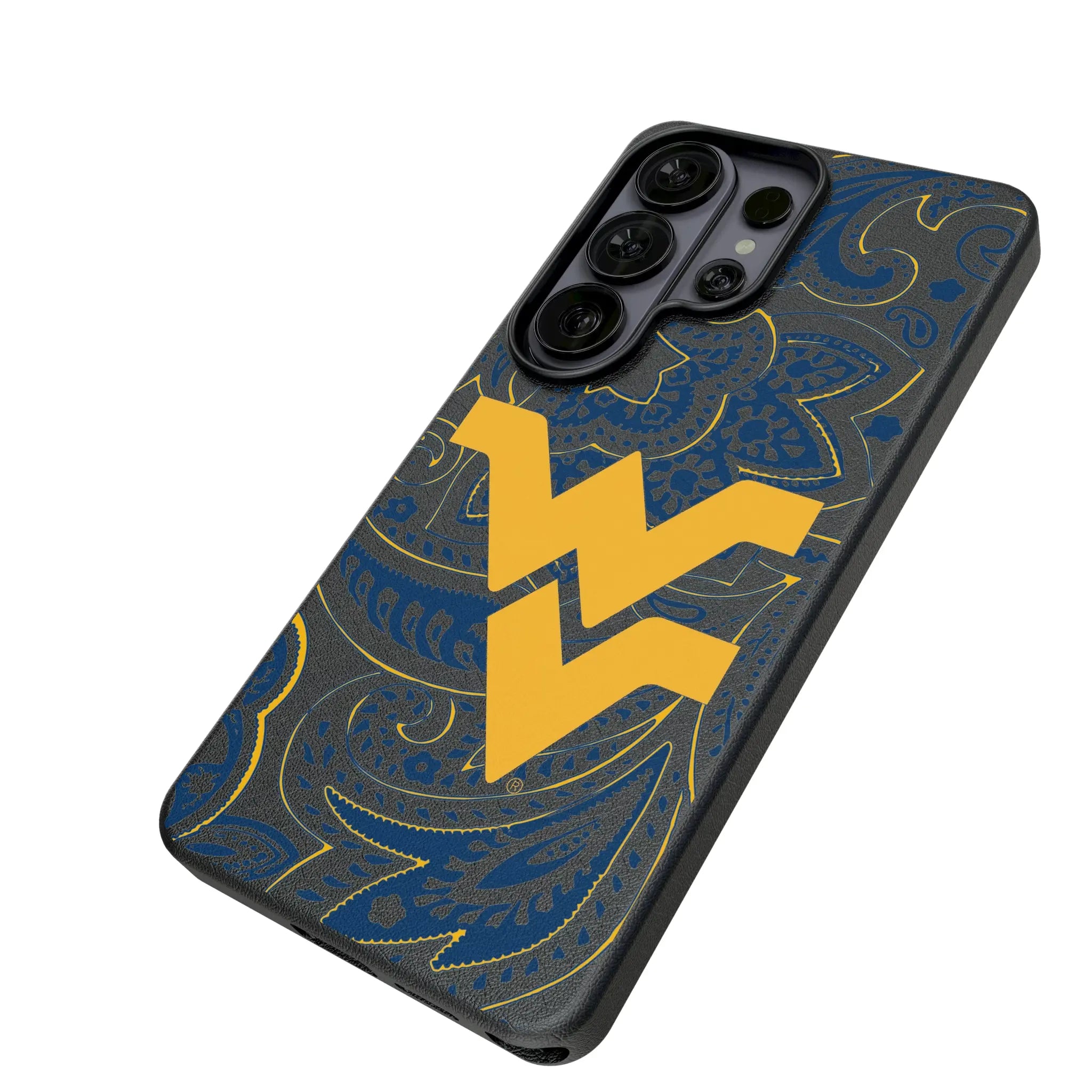 West Virginia University Mountaineers Paisley Galaxy MagSafe Compatible Phone Case for Samsung Galaxy - Isometric View#Device_Galaxy S26 Ultra