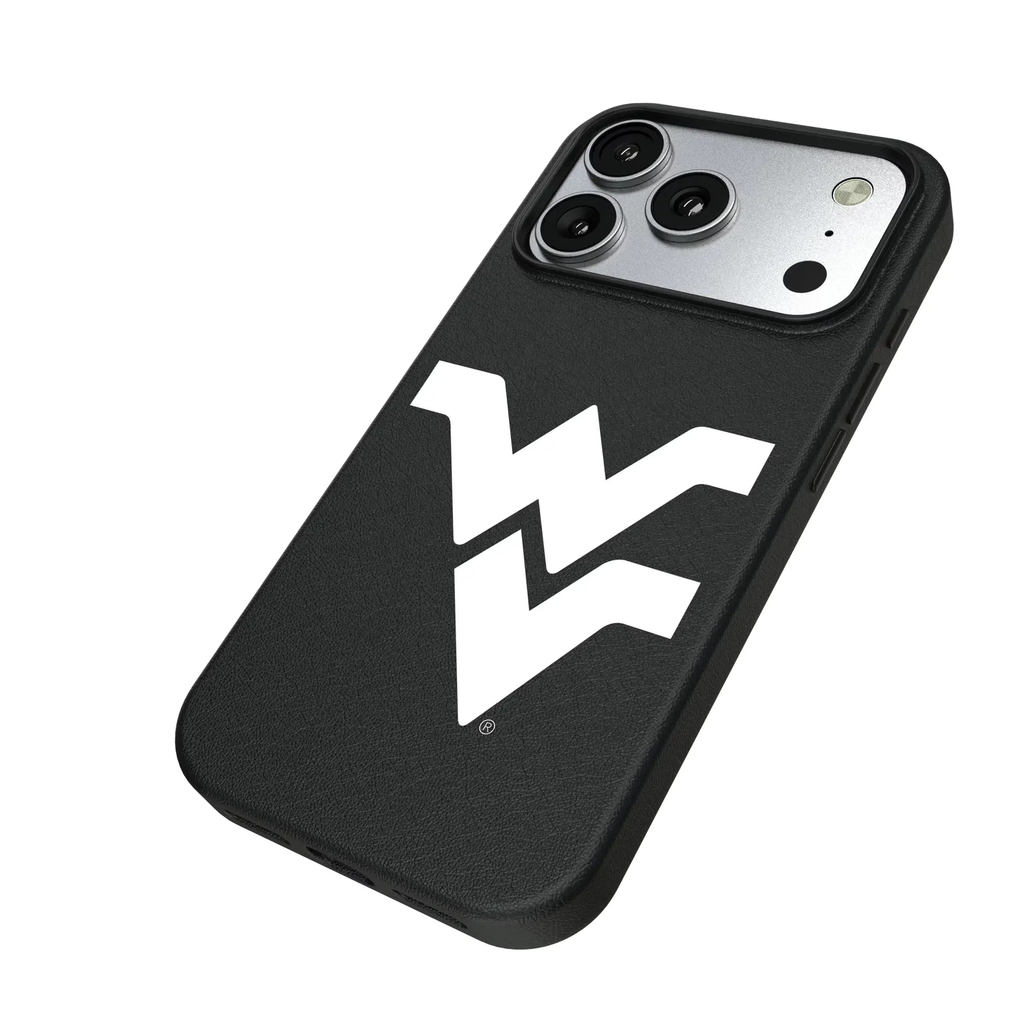 West Virginia University Mountaineers Text Backdrop iPhone MagSafe Compatible Phone Case for Apple iPhone - Isometric View#Device_iPhone 17 Pro