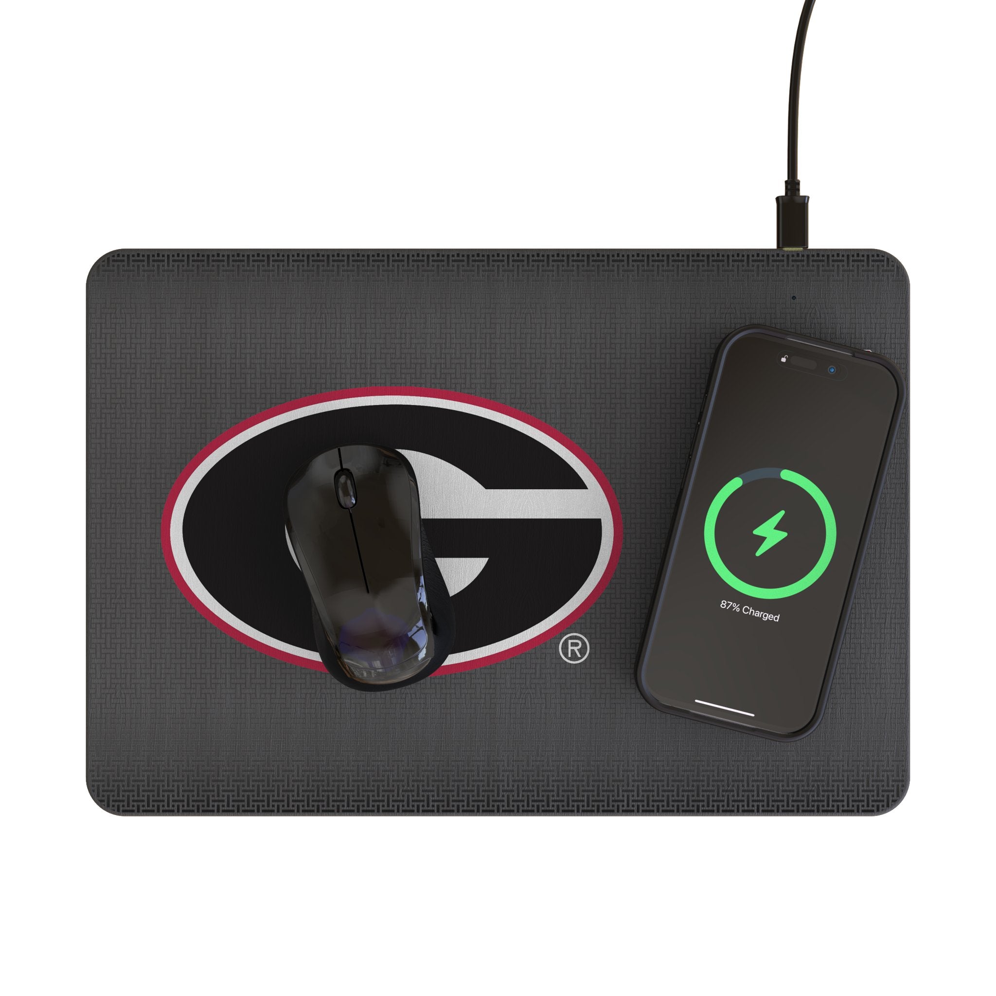 University of Georgia Bulldogs Linen 15-Watt Wireless Charger and Mouse Pad Lifestyle.Jpg