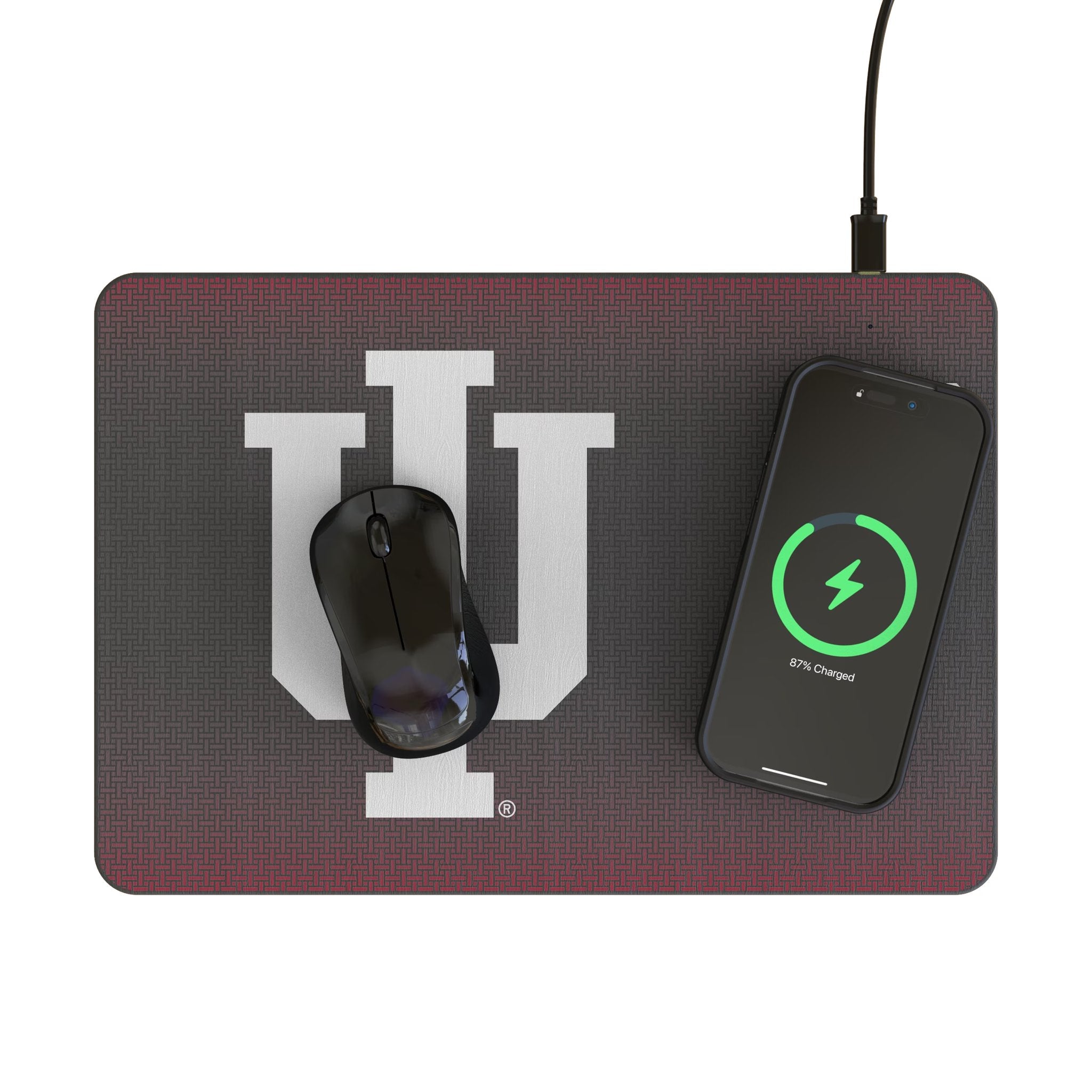 Indiana University Hoosiers Linen 15-Watt Wireless Charger and Mouse Pad Lifestyle.Jpg