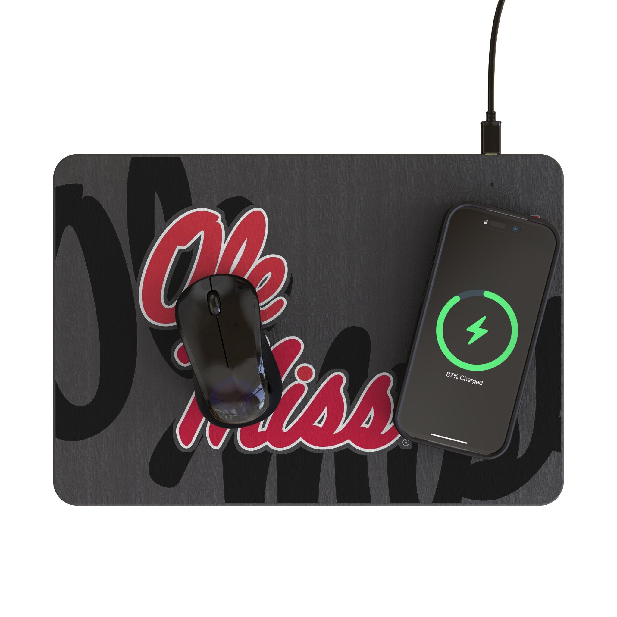 University of Mississippi Rebels Monocolor Tilt 15-Watt Wireless Charger and Mouse Pad Lifestyle.Jpg