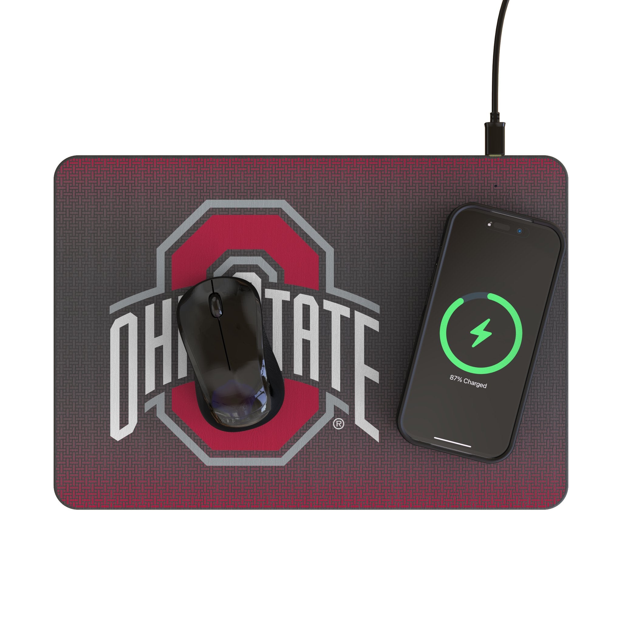 Ohio State University Buckeyes Linen 15-Watt Wireless Charger and Mouse Pad Lifestyle.Jpg