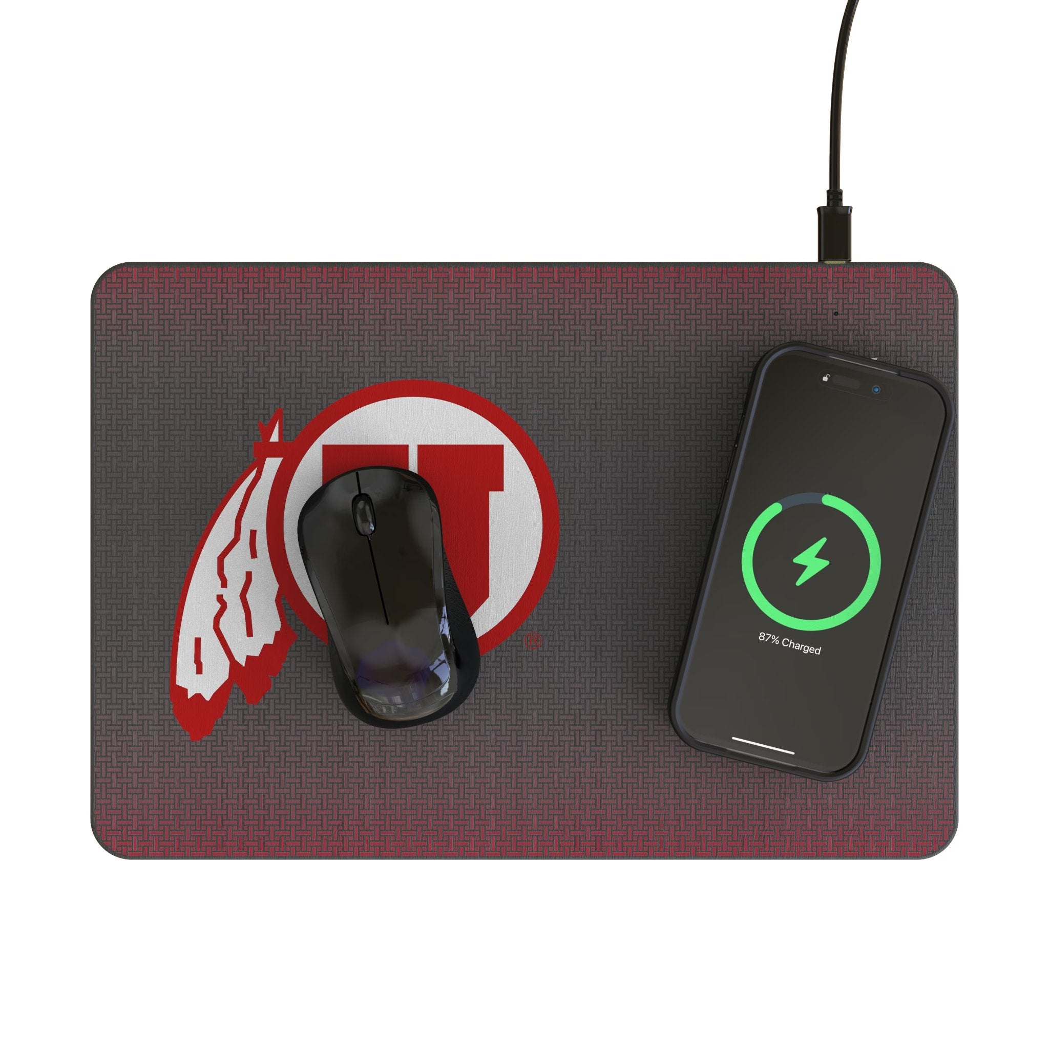 University of Utah Utes Linen 15-Watt Wireless Charger and Mouse Pad Lifestyle.Jpg