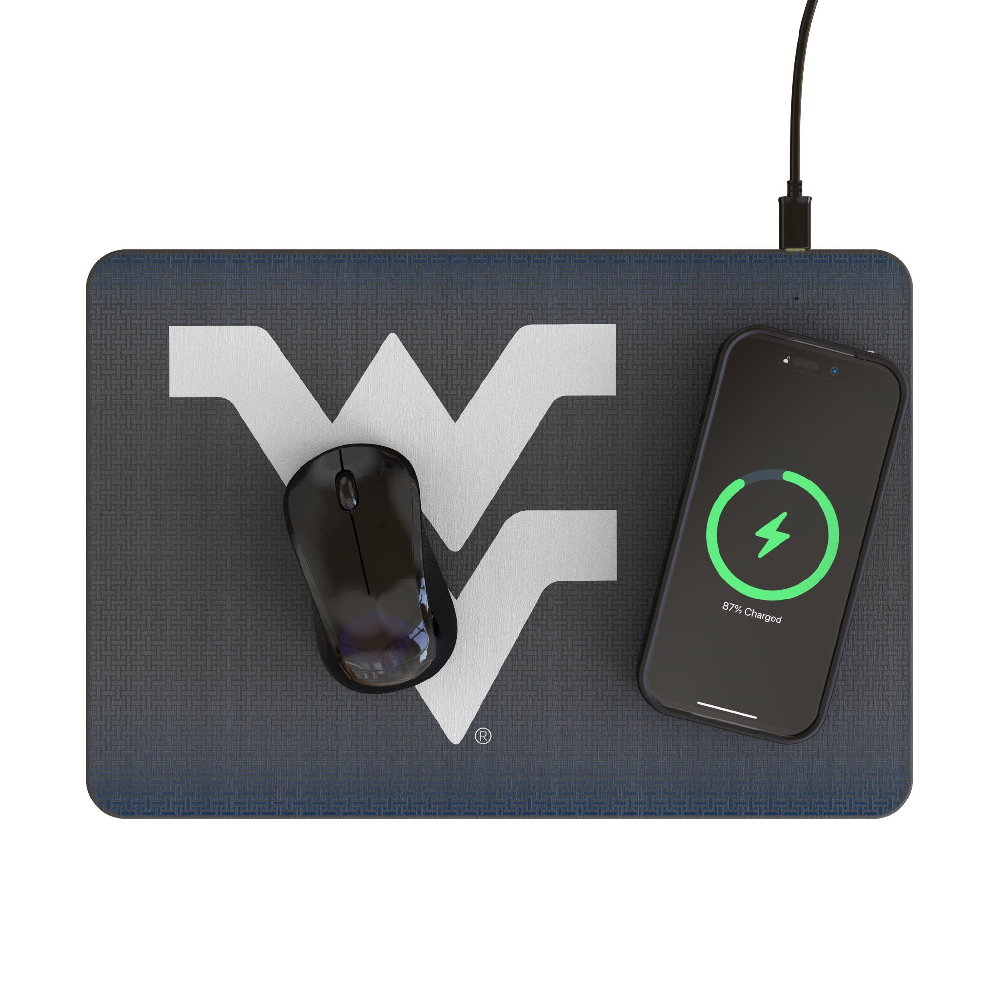 West Virginia University Mountaineers Linen 15-Watt Wireless Charger and Mouse Pad Lifestyle.Jpg