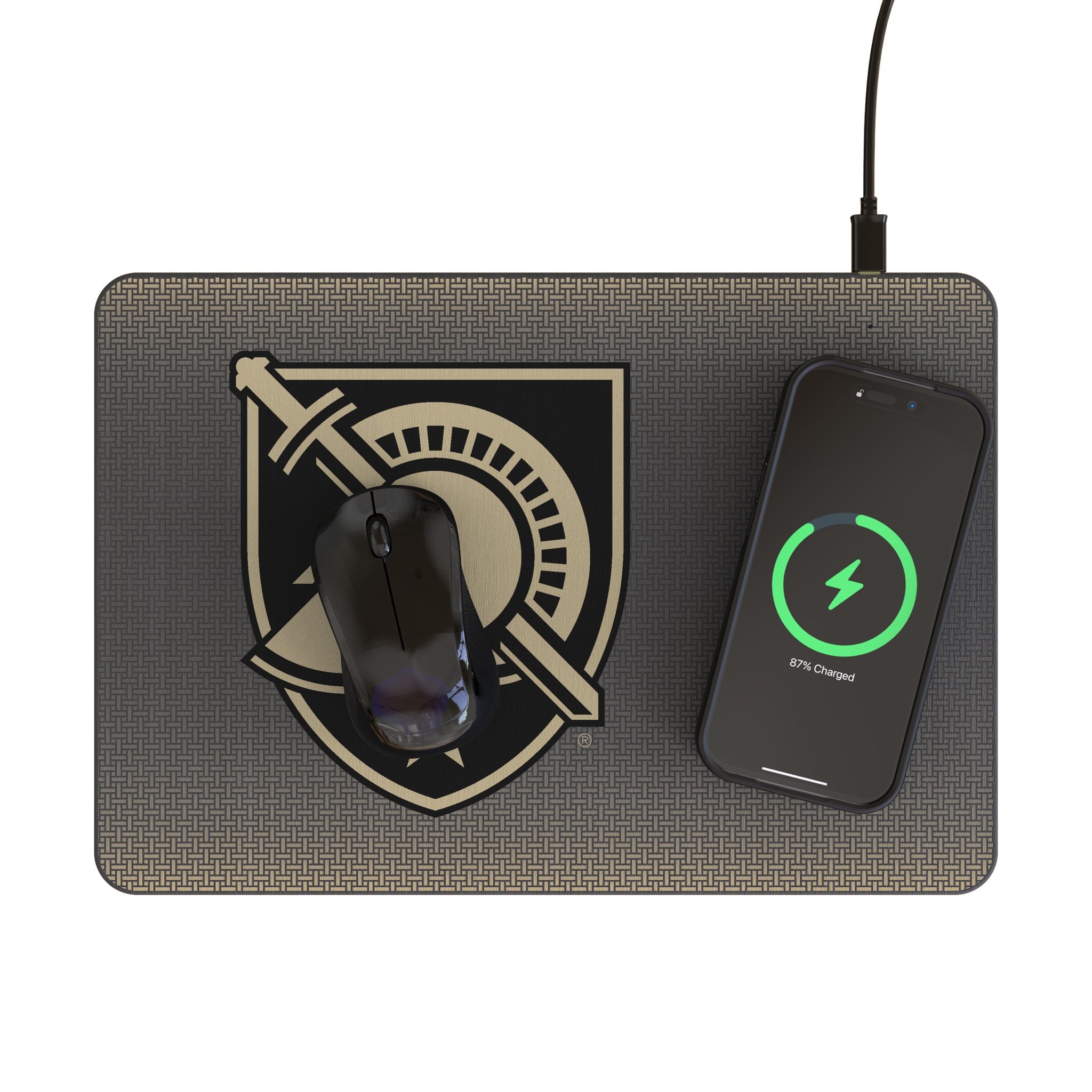 United States Military Academy Black Knights Linen 15-Watt Wireless Charger and Mouse Pad Lifestyle.Jpg