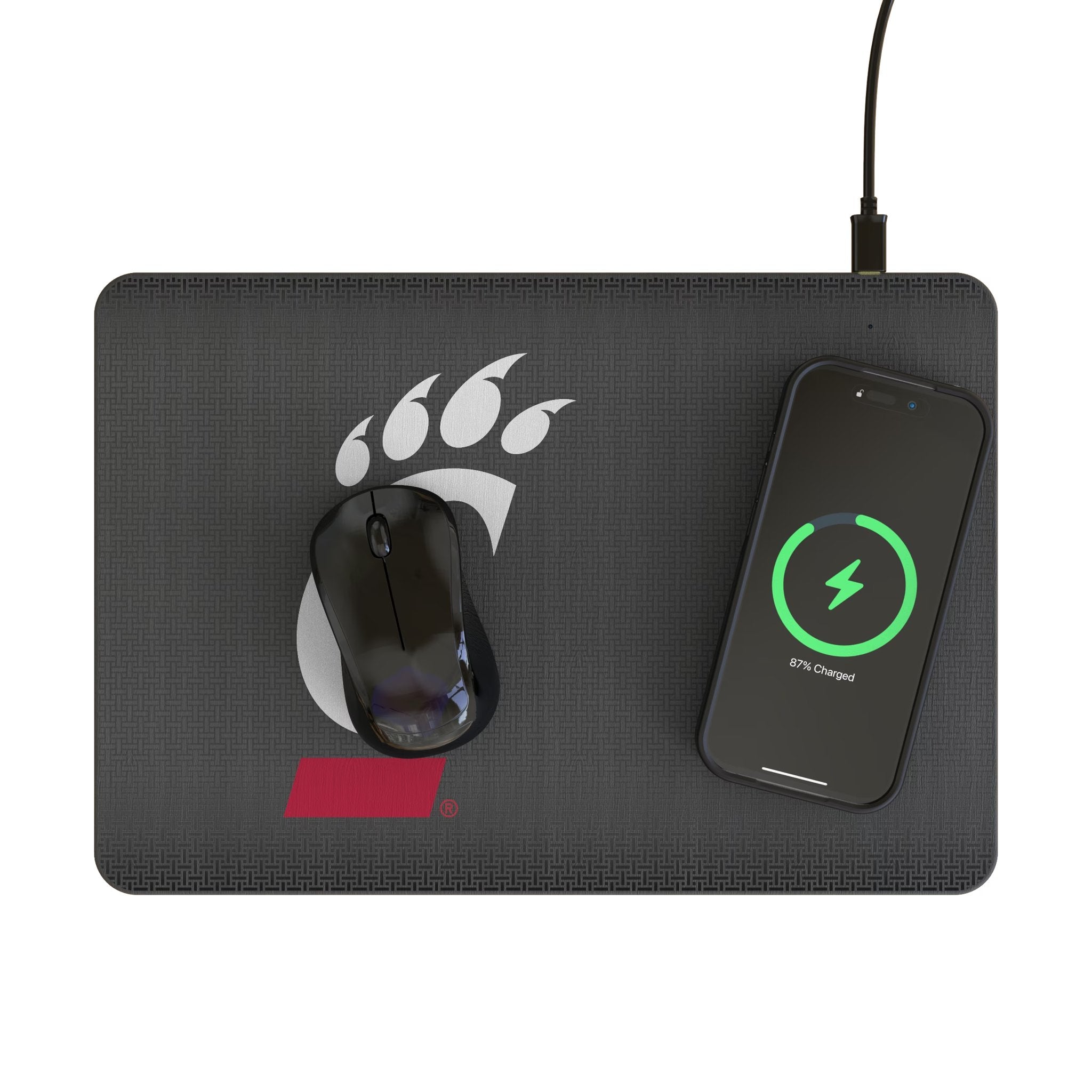 University of Cincinnati Bearcats Linen 15-Watt Wireless Charger and Mouse Pad Lifestyle.Jpg