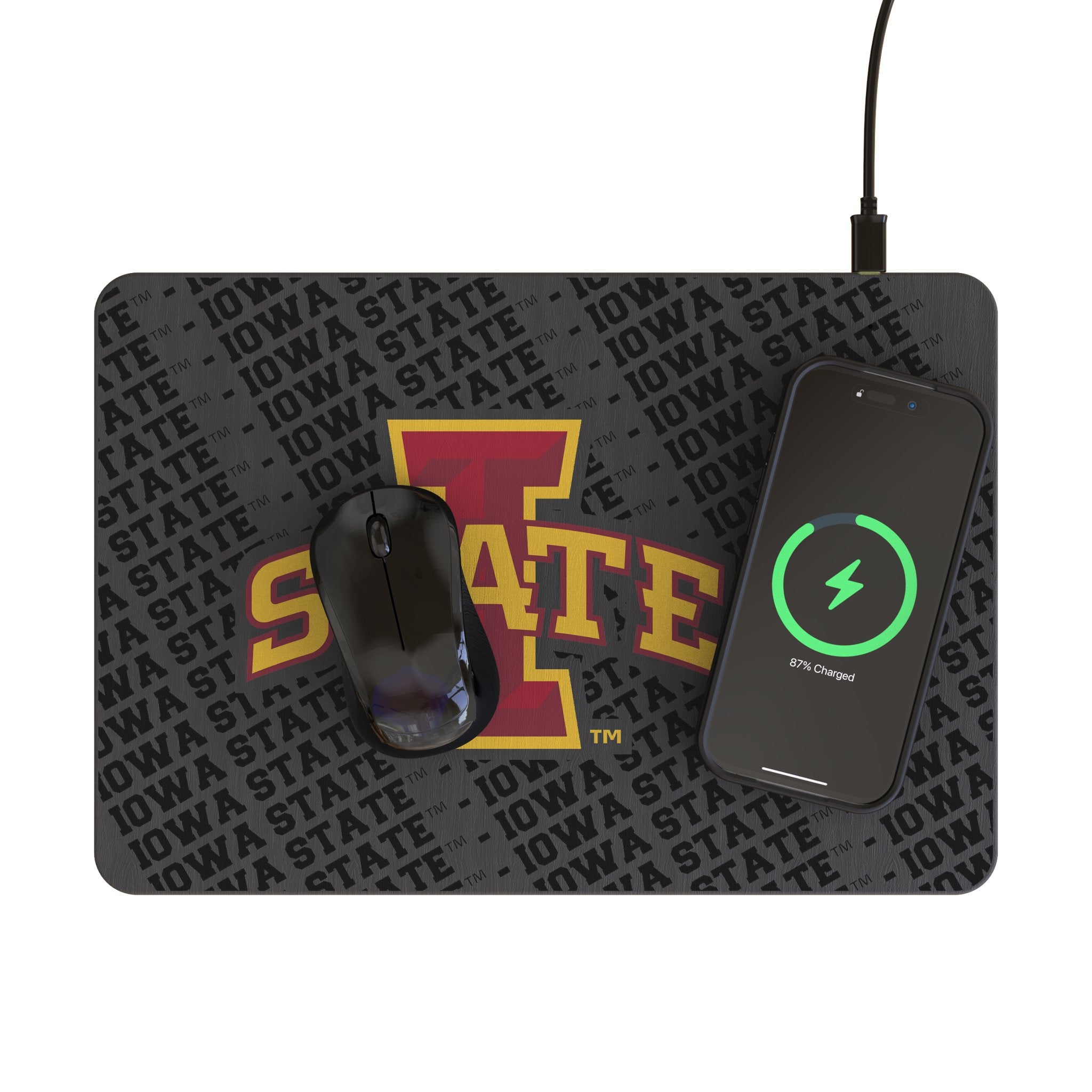 Iowa State University Cyclones Monocolor Tilt 15-Watt Wireless Charger and Mouse Pad Lifestyle.Jpg