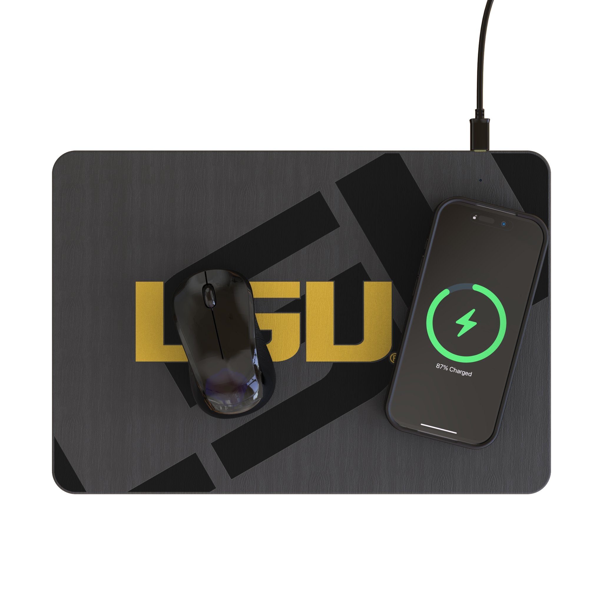 Louisiana State University Tigers Monocolor Tilt 15-Watt Wireless Charger and Mouse Pad Lifestyle.Jpg