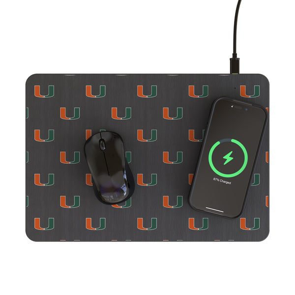 University of Miami Hurricanes Fashion Pattern 15-Watt Wireless Charger and Mouse Pad Lifestyle.Jpg