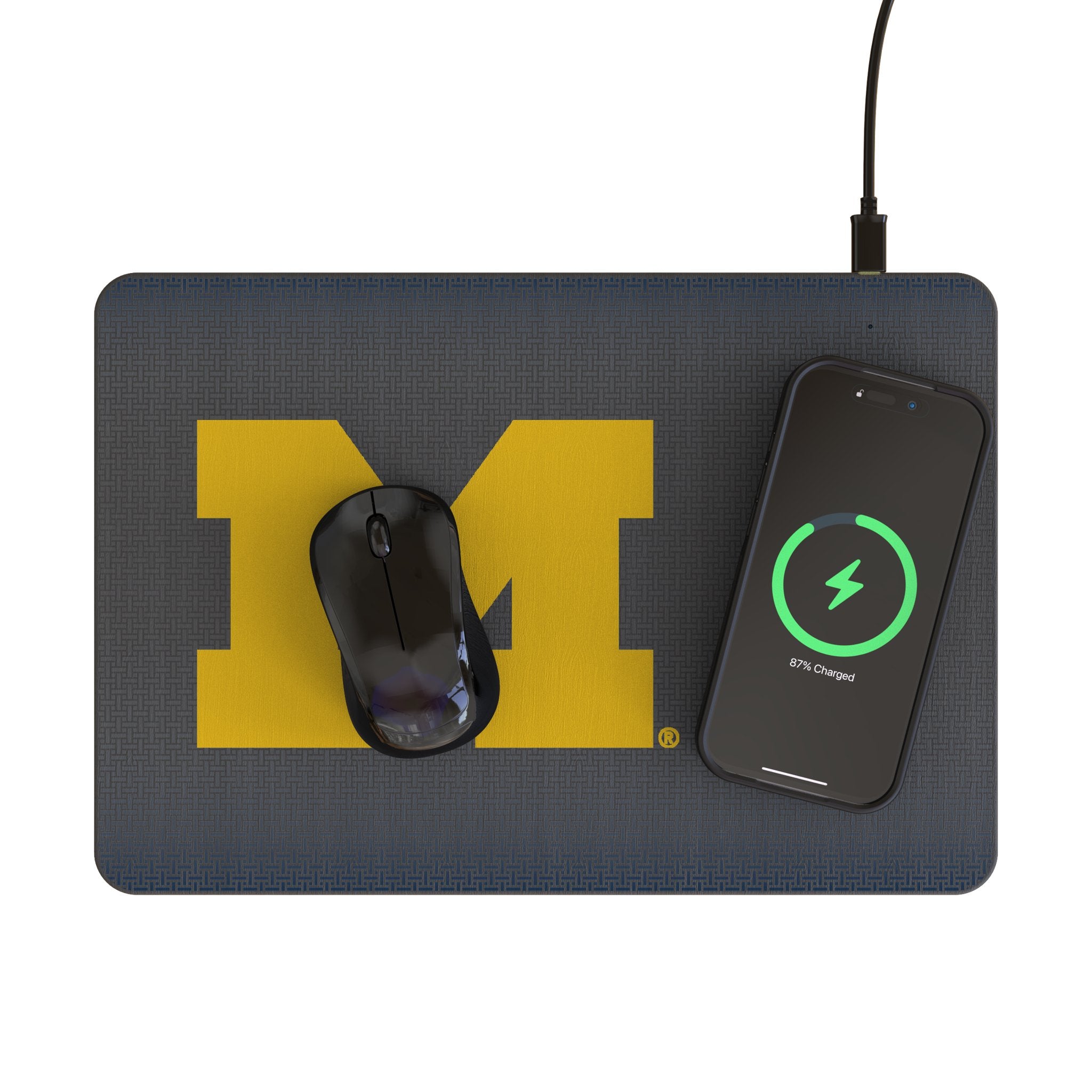 University of Michigan Wolverines Linen 15-Watt Wireless Charger and Mouse Pad Lifestyle.Jpg