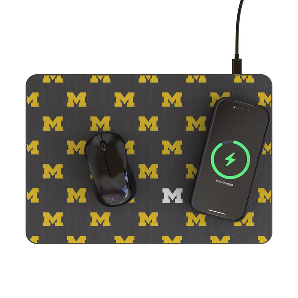 University of Michigan Wolverines Fashion Pattern 15-Watt Wireless Charger and Mouse Pad Lifestyle.Jpg