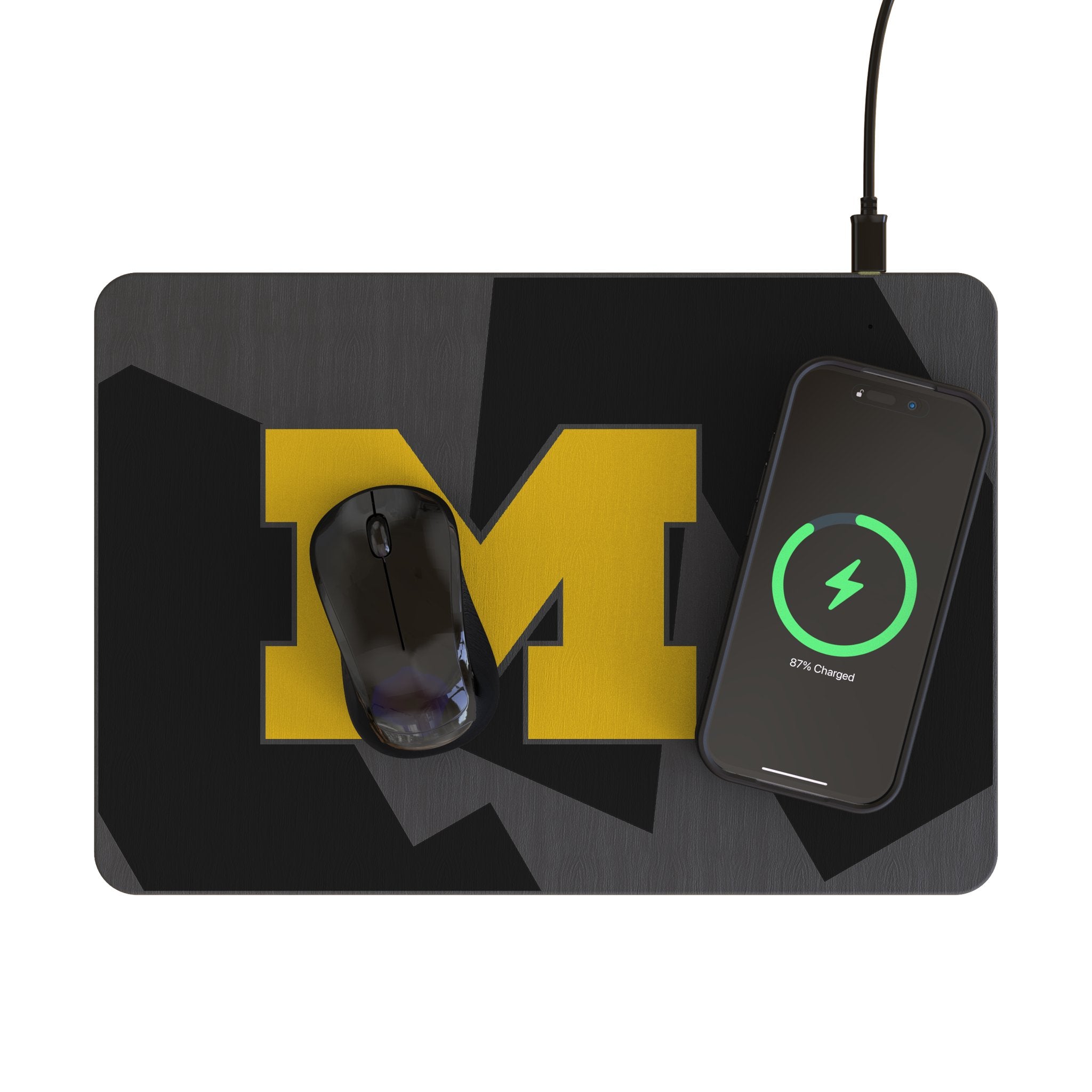 University of Michigan Wolverines Monocolor Tilt 15-Watt Wireless Charger and Mouse Pad Lifestyle.Jpg