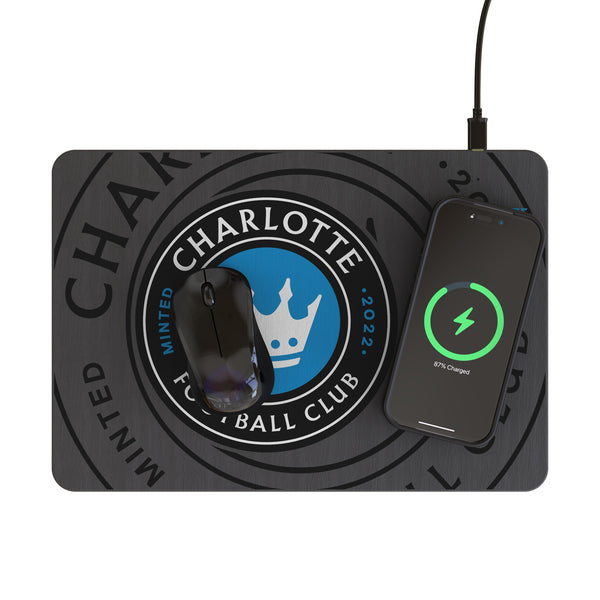 Charlotte FC Monocolor Tilt 15-Watt Wireless Charger and Mouse Pad Lifestyle.Jpg