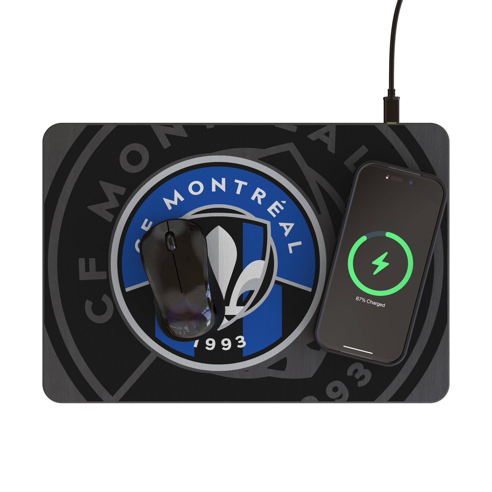 CF Montreal Monocolor Tilt 15-Watt Wireless Charger and Mouse Pad Lifestyle.Jpg