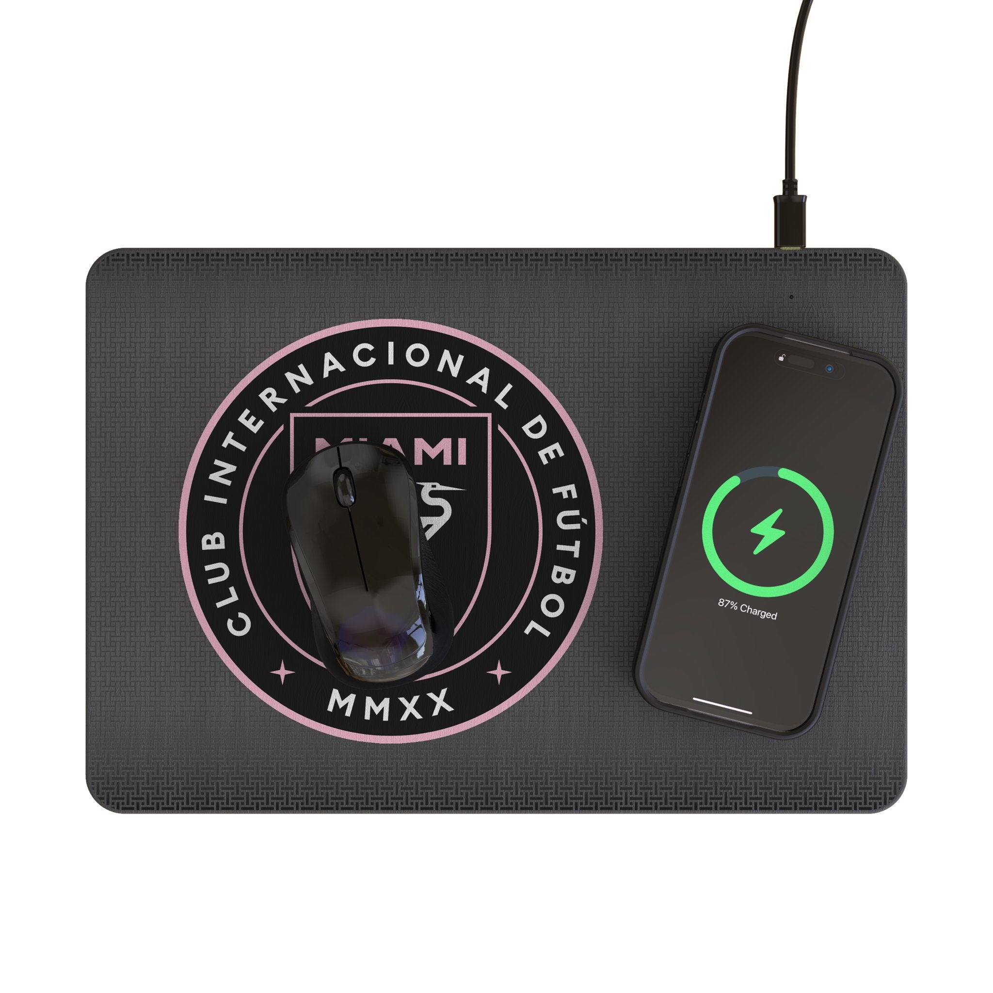 Inter Miami CF Linen 15-Watt Wireless Charger and Mouse Pad Lifestyle.Jpg