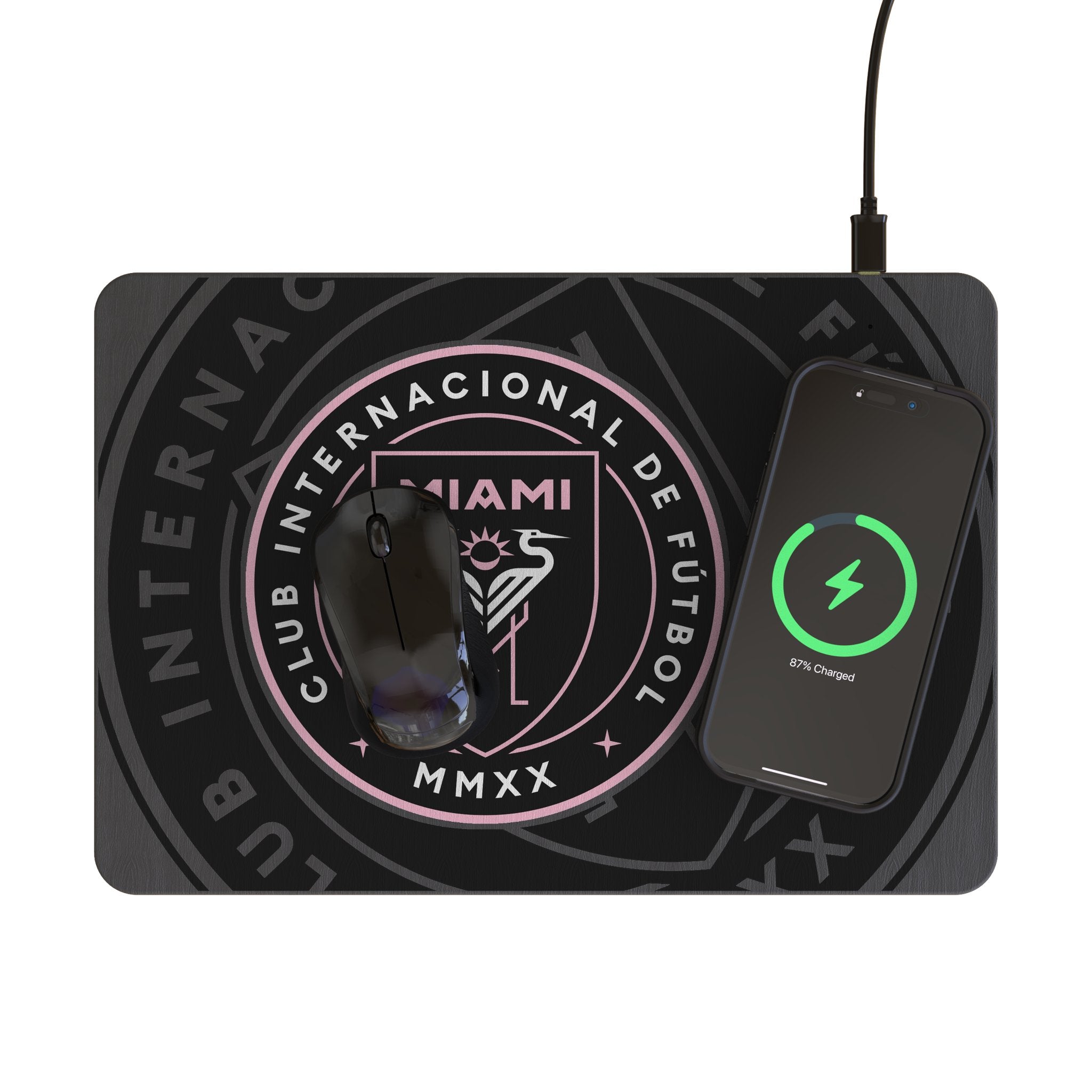 Inter Miami CF Monocolor Tilt 15-Watt Wireless Charger and Mouse Pad Lifestyle.Jpg