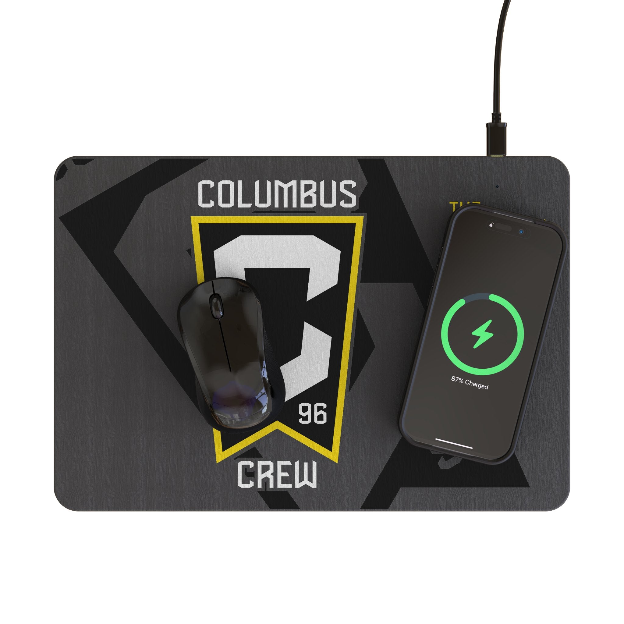 Columbus Crew Monocolor Tilt 15-Watt Wireless Charger and Mouse Pad Lifestyle.Jpg