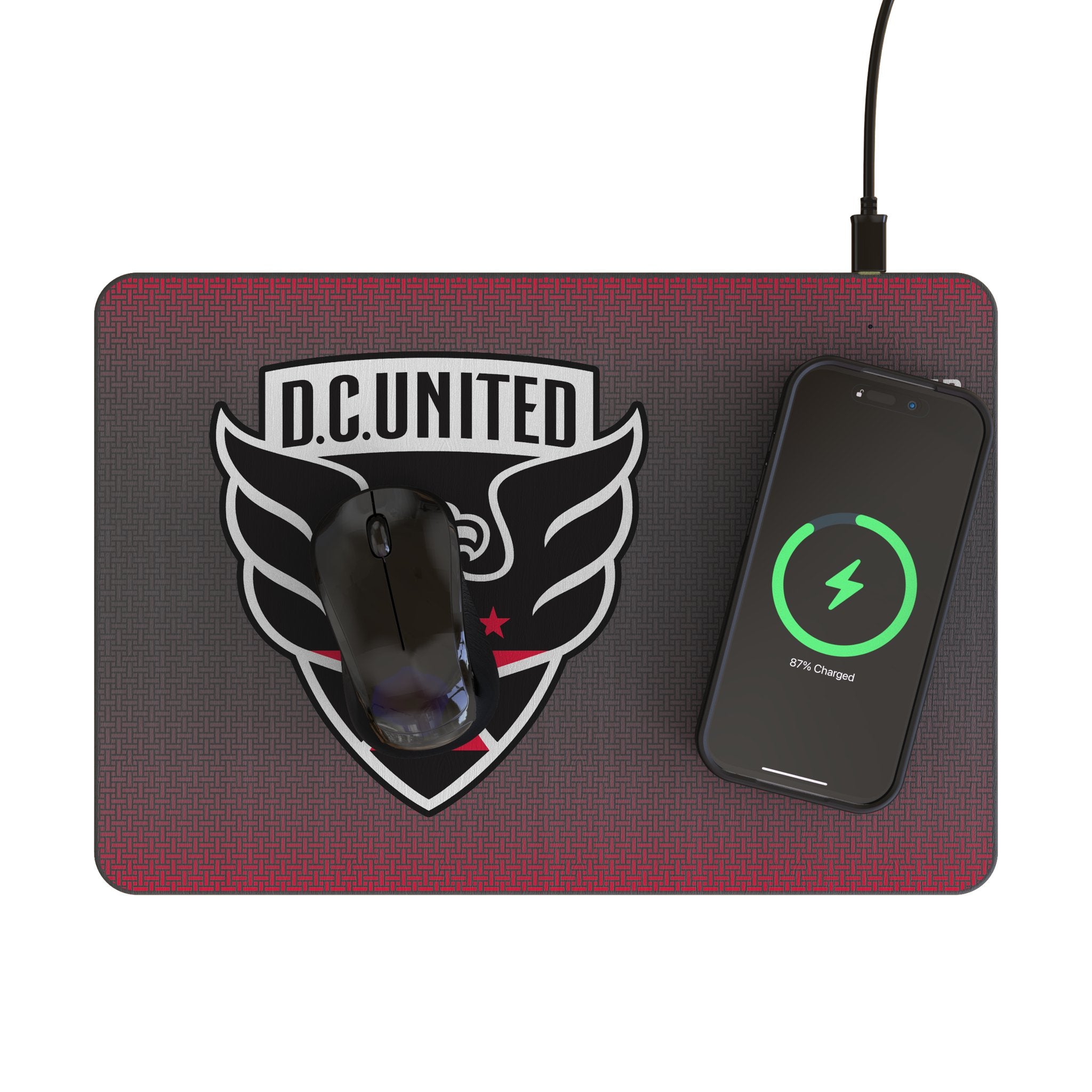 DC United Linen 15-Watt Wireless Charger and Mouse Pad Lifestyle.Jpg