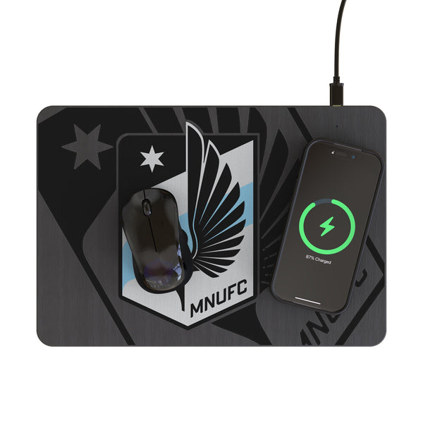 Minnesota United FC Monocolor Tilt 15-Watt Wireless Charger and Mouse Pad Lifestyle.Jpg