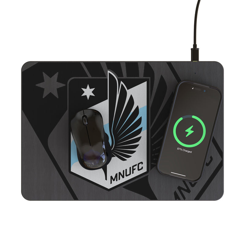 Minnesota United FC Monocolor Tilt 15-Watt Wireless Charger and Mouse Pad Lifestyle.Jpg