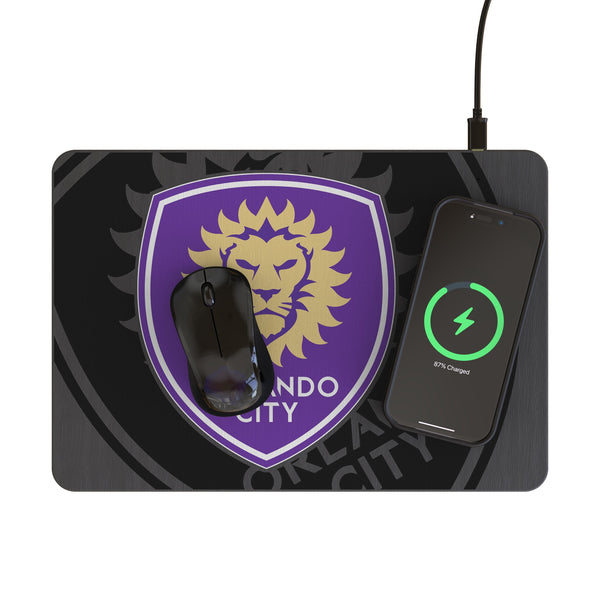 Orlando City Soccer Club Monocolor Tilt 15-Watt Wireless Charger and Mouse Pad Lifestyle.Jpg