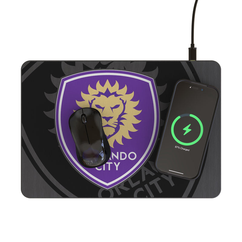 Orlando City Soccer Club Monocolor Tilt 15-Watt Wireless Charger and Mouse Pad Lifestyle.Jpg
