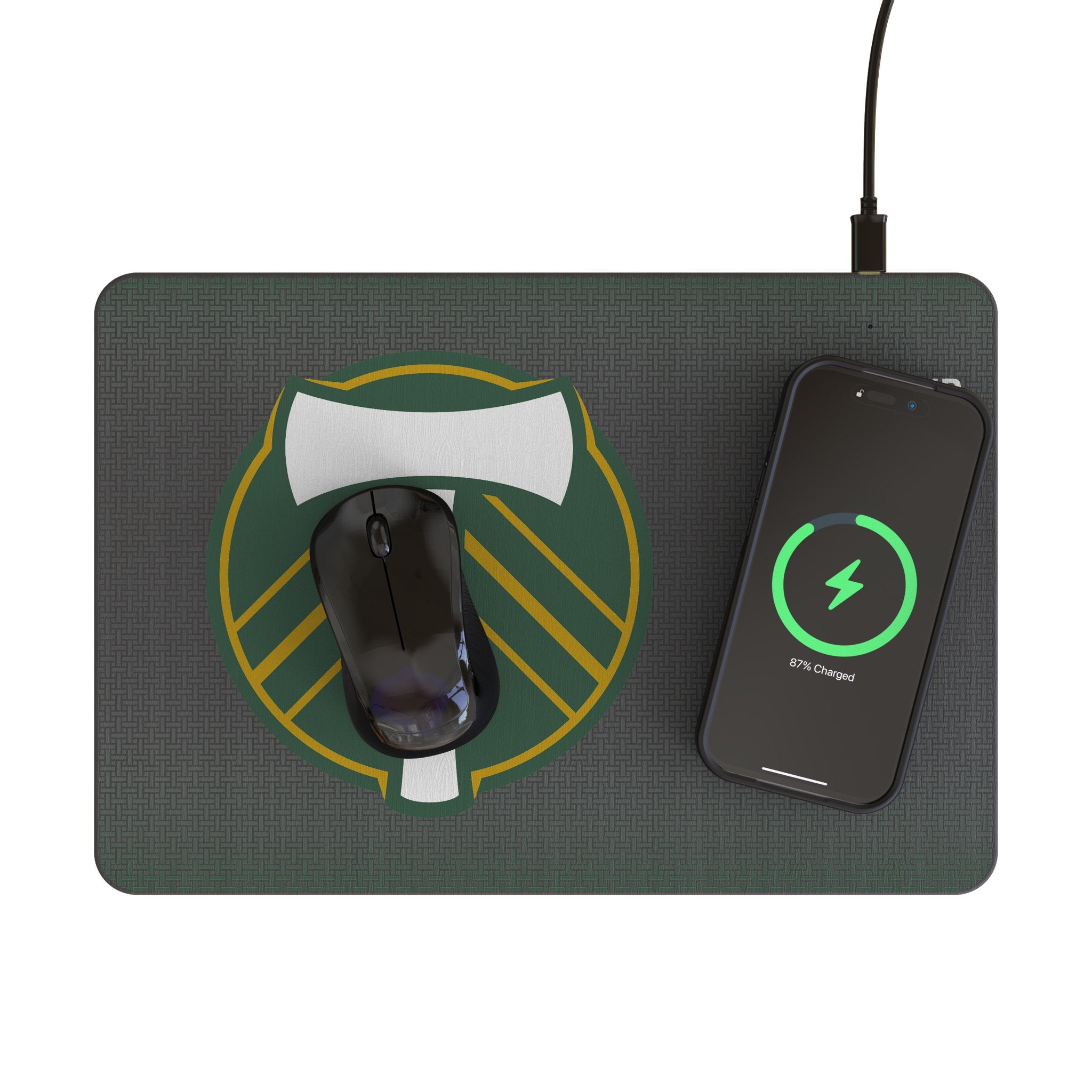 Portland Timbers Linen 15-Watt Wireless Charger and Mouse Pad Lifestyle.Jpg