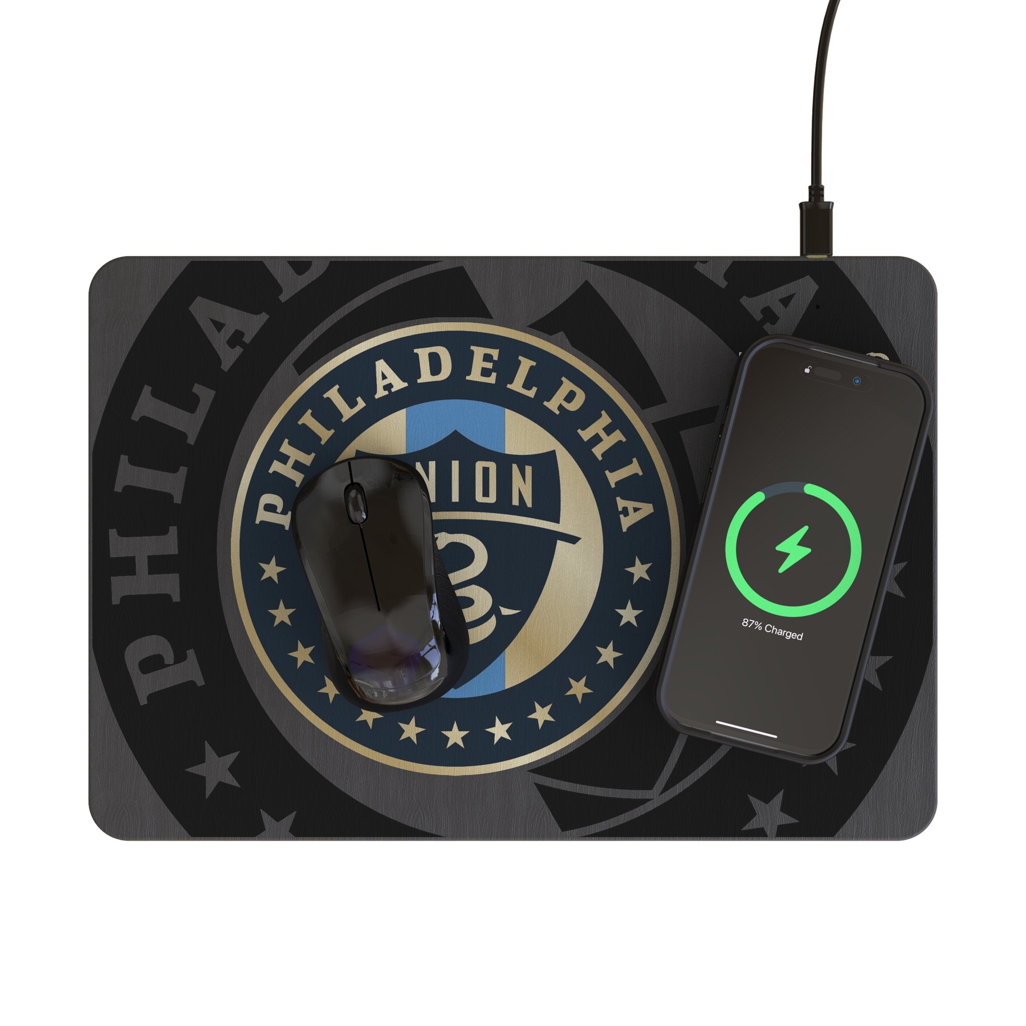 Philadelphia Union Monocolor Tilt 15-Watt Wireless Charger and Mouse Pad Lifestyle.Jpg
