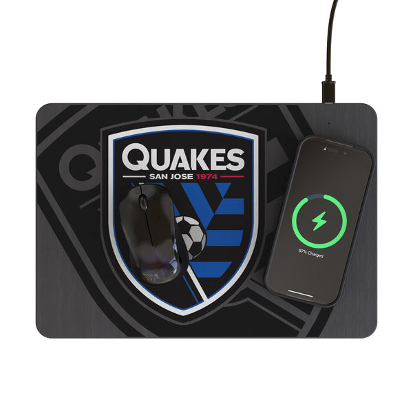 San Jose Earthquakes Monocolor Tilt 15-Watt Wireless Charger and Mouse Pad Lifestyle.Jpg