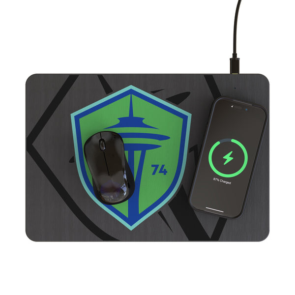 Seattle Sounders FC Monocolor Tilt 15-Watt Wireless Charger and Mouse Pad Lifestyle.Jpg