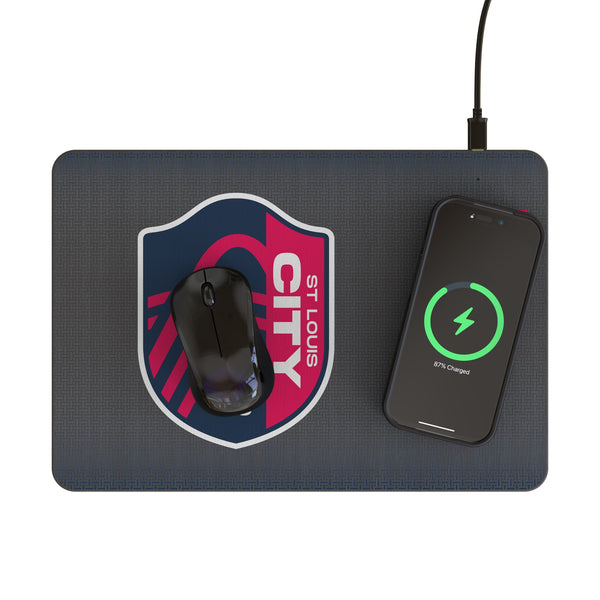 St. Louis CITY SC Linen 15-Watt Wireless Charger and Mouse Pad Lifestyle.Jpg