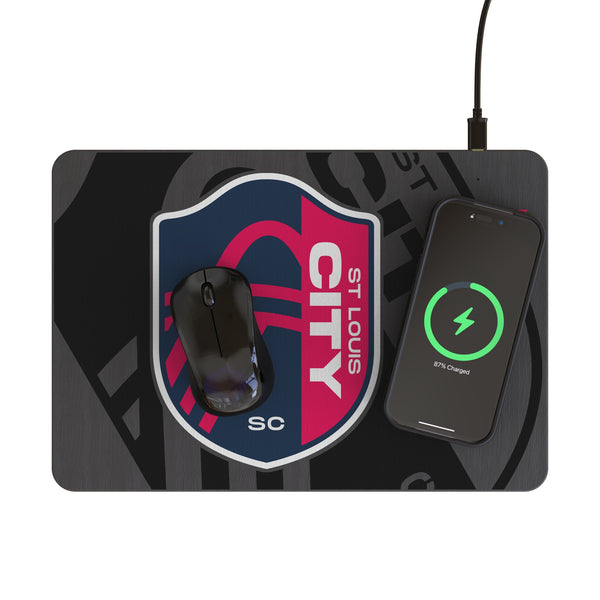 St. Louis CITY SC Monocolor Tilt 15-Watt Wireless Charger and Mouse Pad Lifestyle.Jpg
