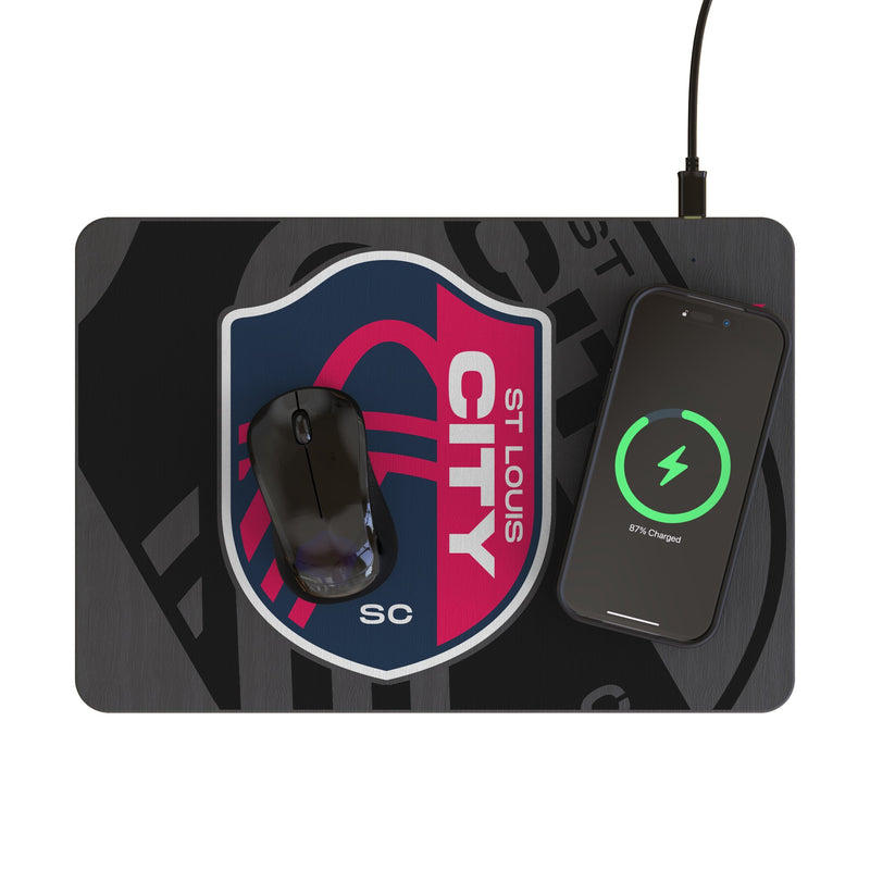 St. Louis CITY SC Monocolor Tilt 15-Watt Wireless Charger and Mouse Pad Lifestyle.Jpg