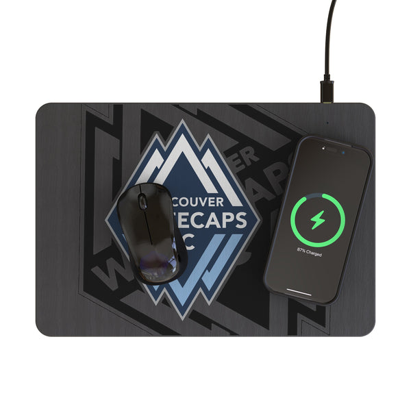 Vancouver Whitecaps Monocolor Tilt 15-Watt Wireless Charger and Mouse Pad Lifestyle.Jpg