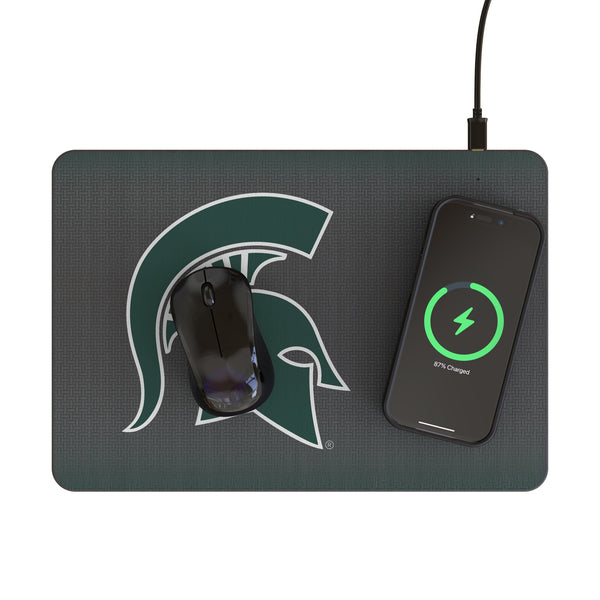 Michigan State University Spartans Linen 15-Watt Wireless Charger and Mouse Pad Lifestyle.Jpg