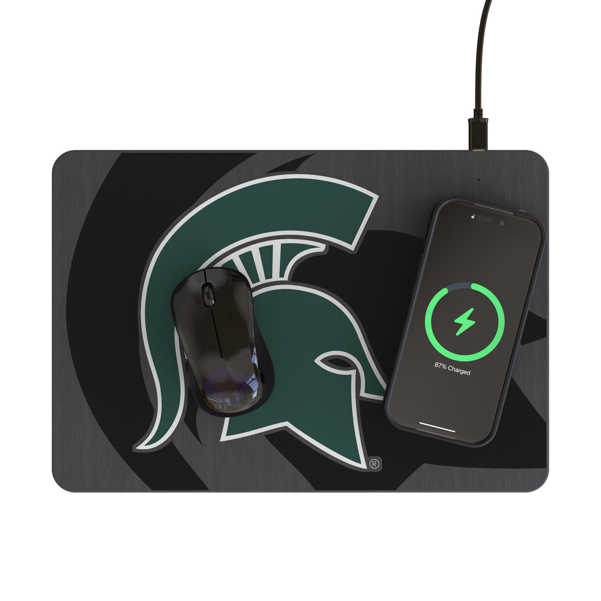 Michigan State University Spartans Monocolor Tilt 15-Watt Wireless Charger and Mouse Pad Lifestyle.Jpg