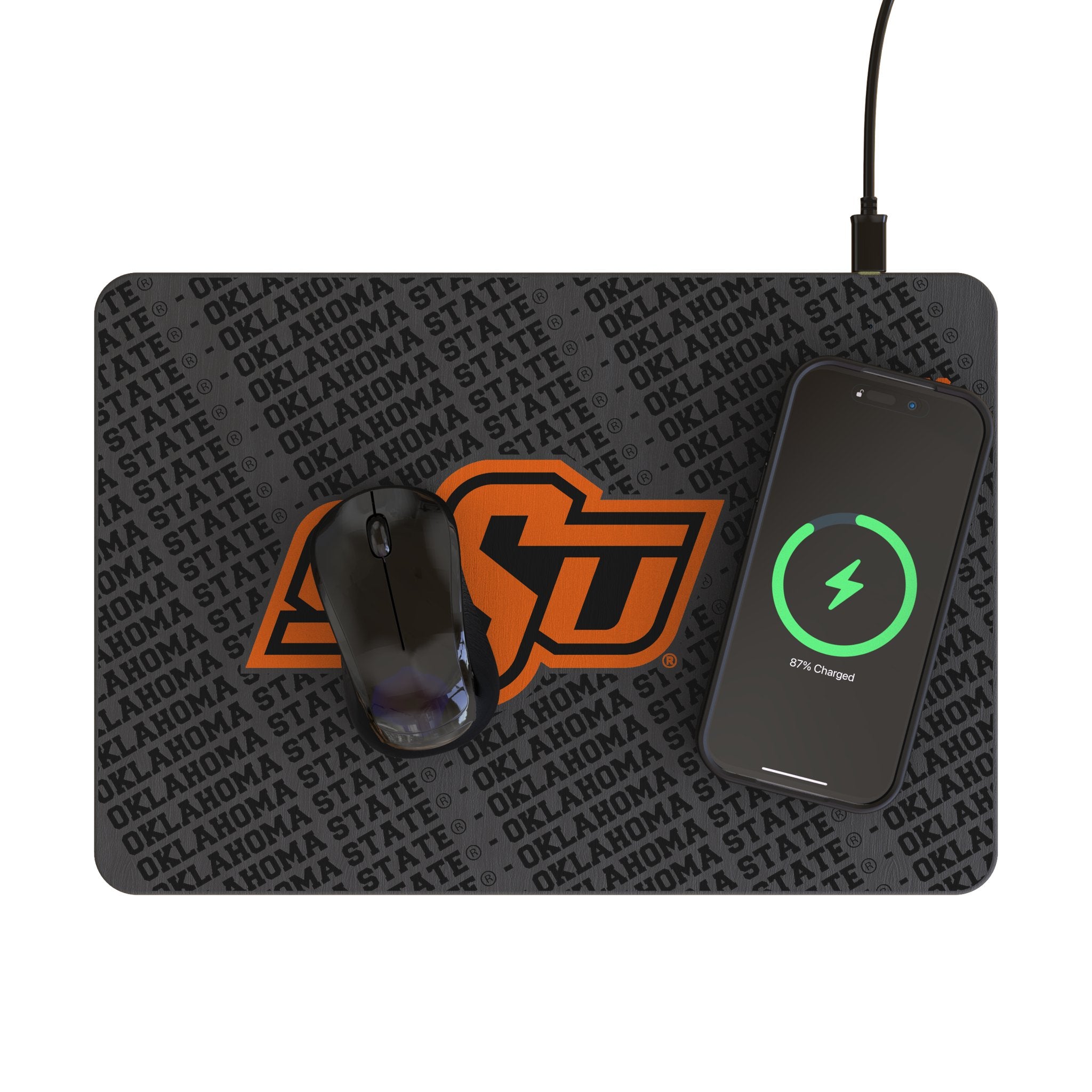 Oklahoma State University Cowboys Monocolor Tilt 15-Watt Wireless Charger and Mouse Pad Lifestyle.Jpg
