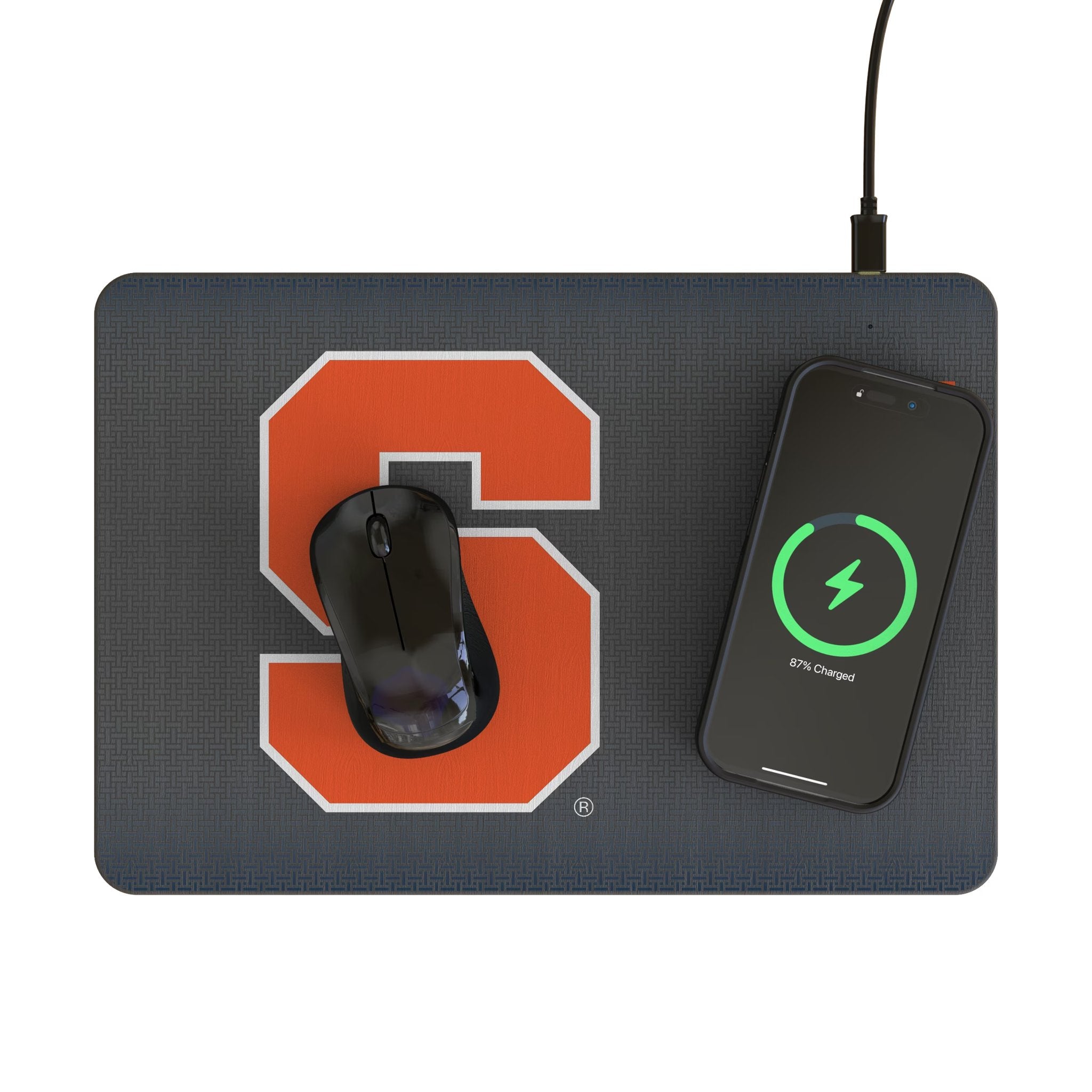 Syracuse University Orange Linen 15-Watt Wireless Charger and Mouse Pad Lifestyle.Jpg