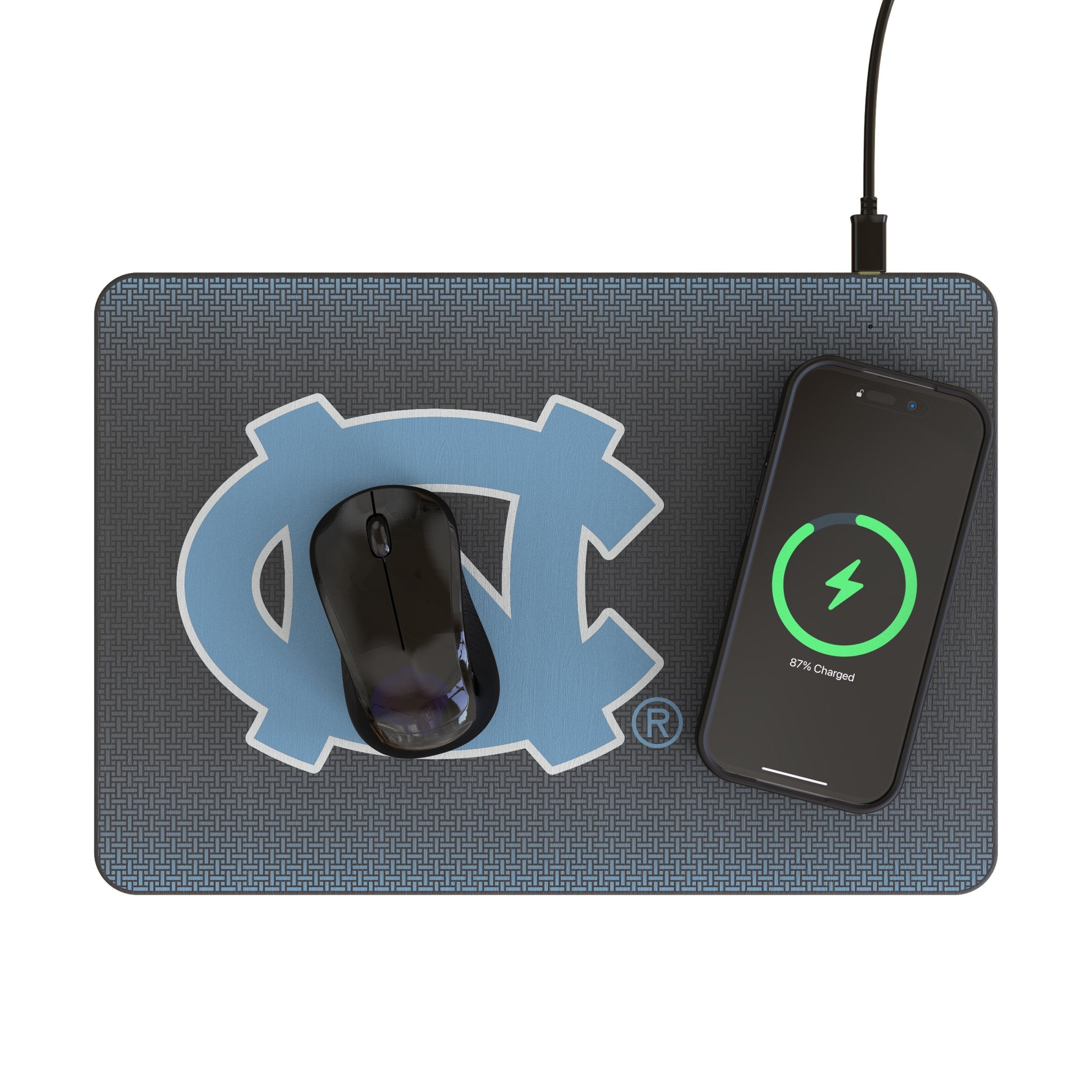 University of North Carolina Tar Heels Linen 15-Watt Wireless Charger and Mouse Pad Lifestyle.Jpg