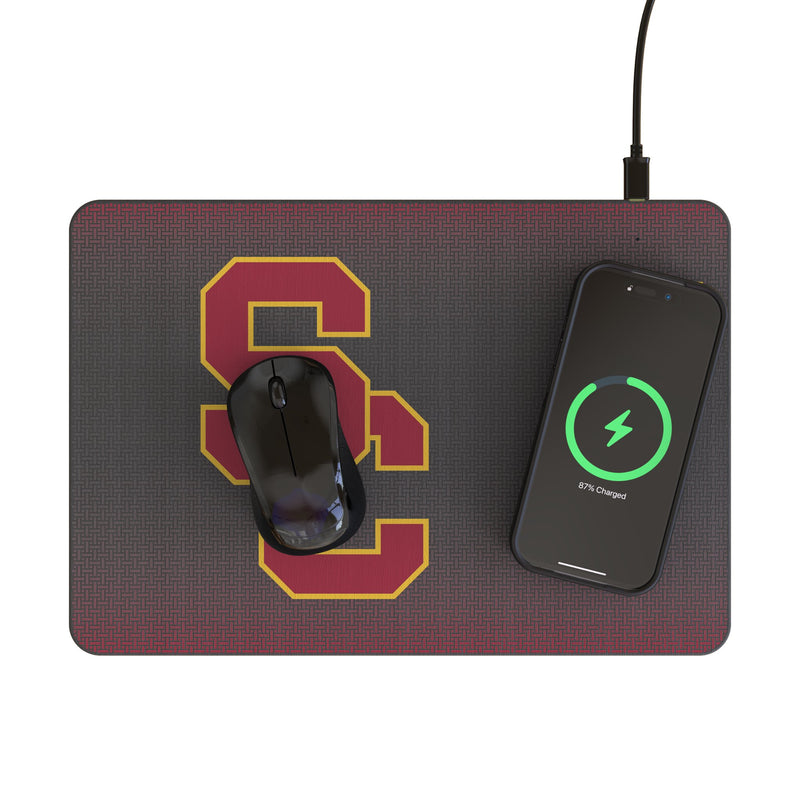 University of Southern California Trojans Linen 15-Watt Wireless Charger and Mouse Pad Lifestyle.Jpg