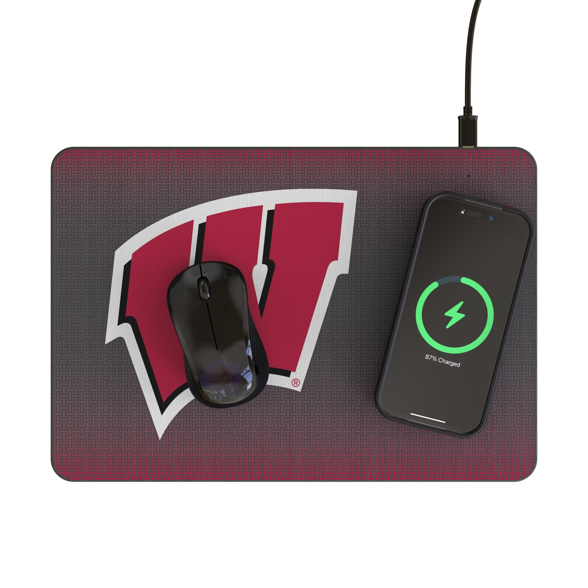 University of Wisconsin Badgers Linen 15-Watt Wireless Charger and Mouse Pad Lifestyle.Jpg
