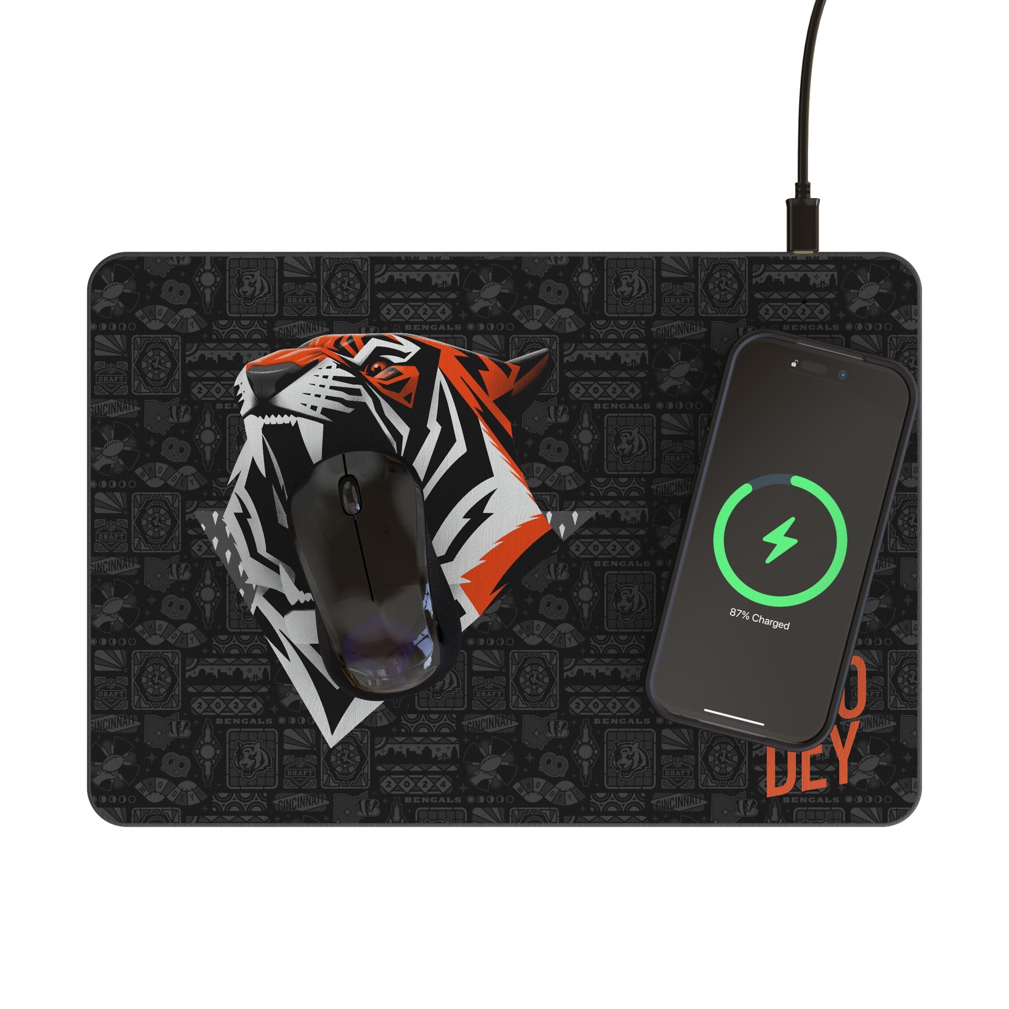 Cincinnati Bengals 2024 Edition 15-Watt Wireless Charger and Mouse Pad Lifestyle.Jpg