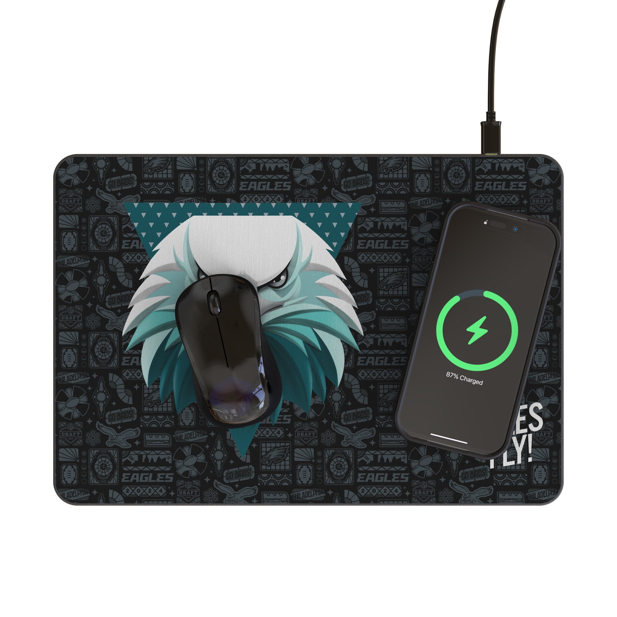 Philadelphia Eagles 2024 Edition 15-Watt Wireless Charger and Mouse Pad Lifestyle.Jpg