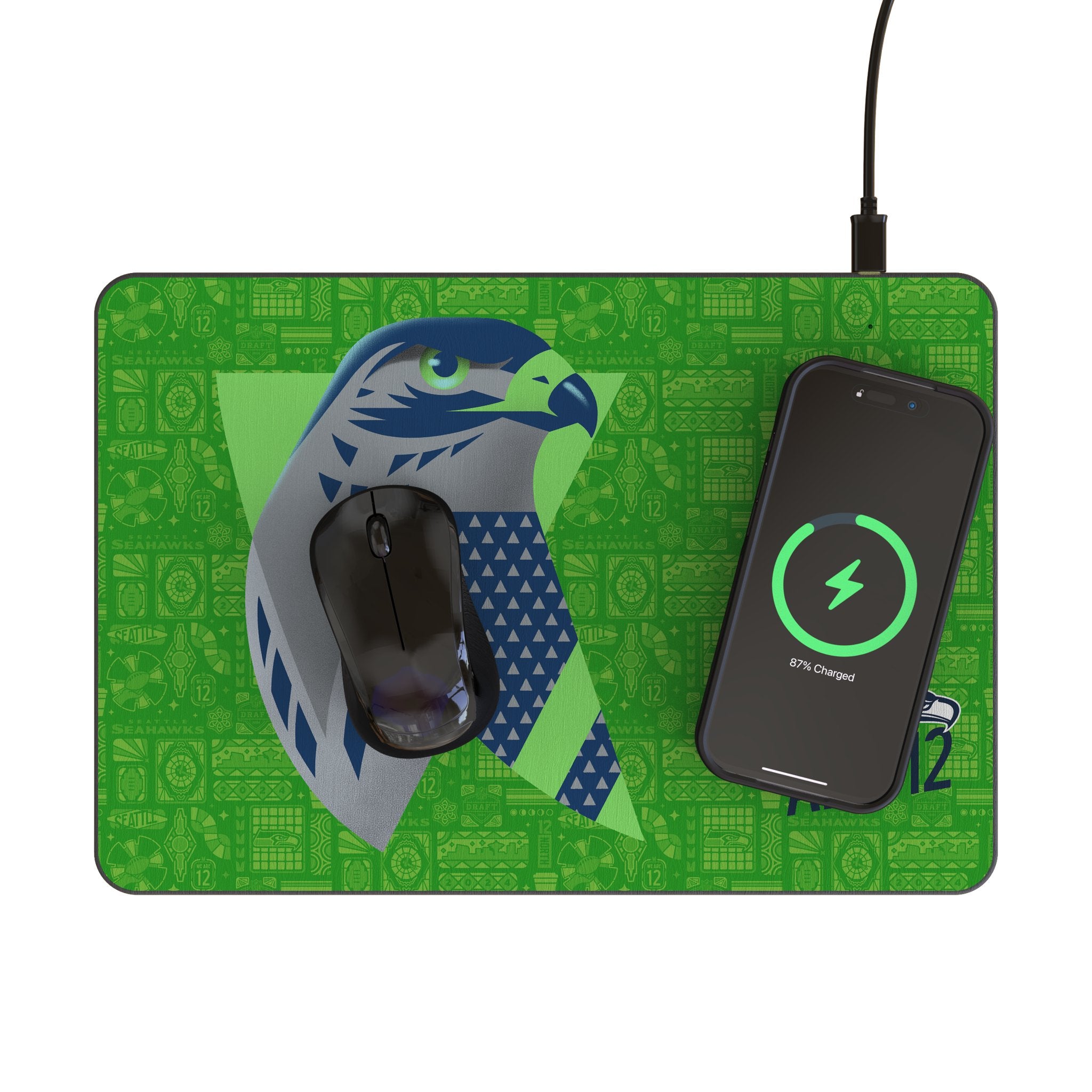 Seattle Seahawks 2024 Edition 15-Watt Wireless Charger and Mouse Pad Lifestyle.Jpg