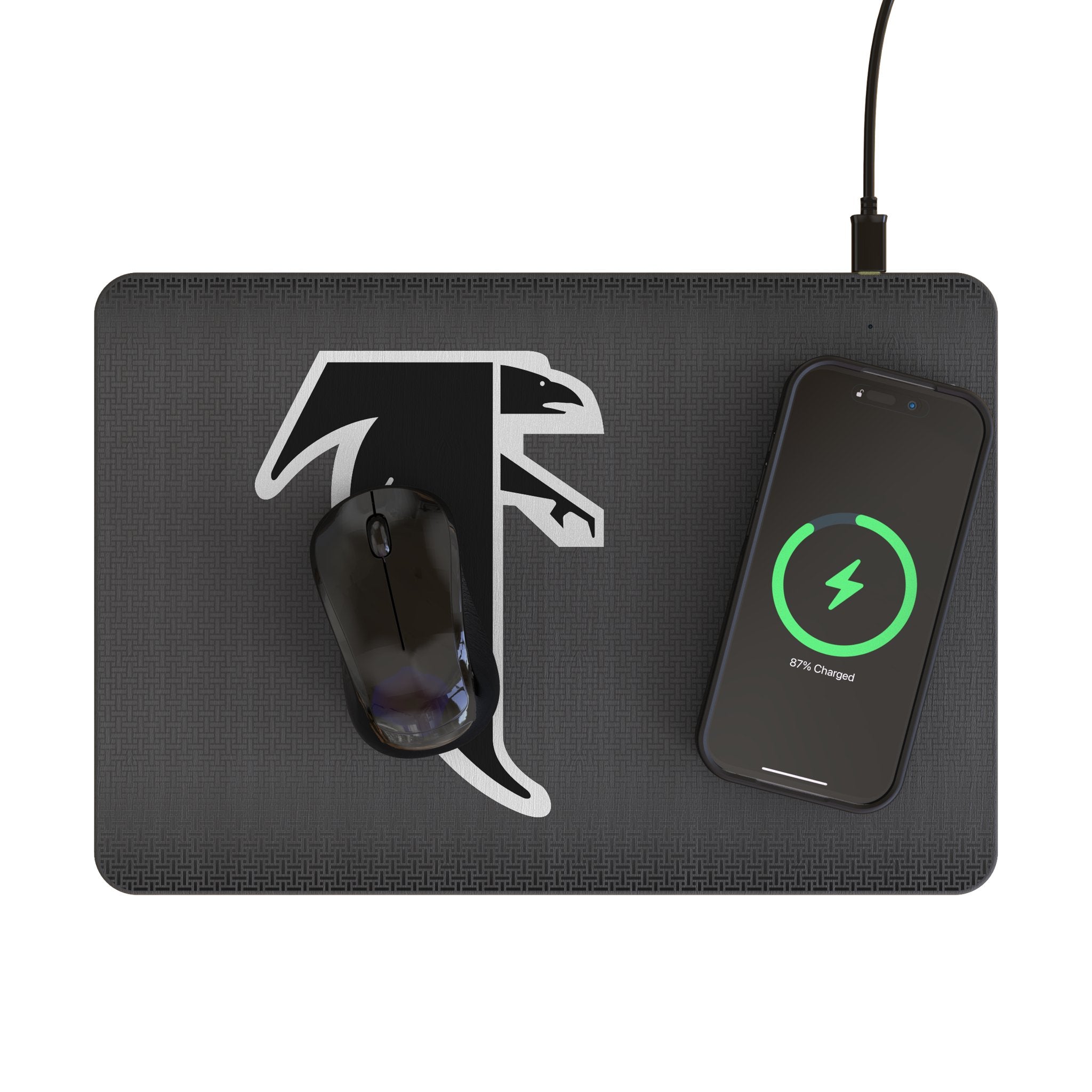 Atlanta Falcons Classic Linen 15-Watt Wireless Charger and Mouse Pad Lifestyle.Jpg