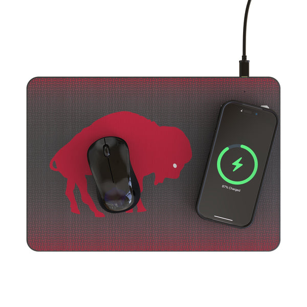 Buffalo Bills Historic Collection Linen 15-Watt Wireless Charger and Mouse Pad Lifestyle.Jpg