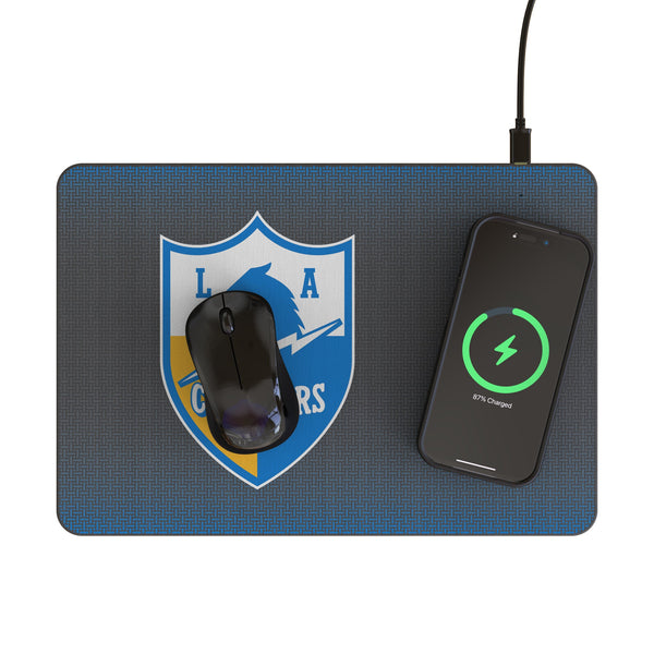 Los Angeles Chargers Historic Collection Linen 15-Watt Wireless Charger and Mouse Pad Lifestyle.Jpg